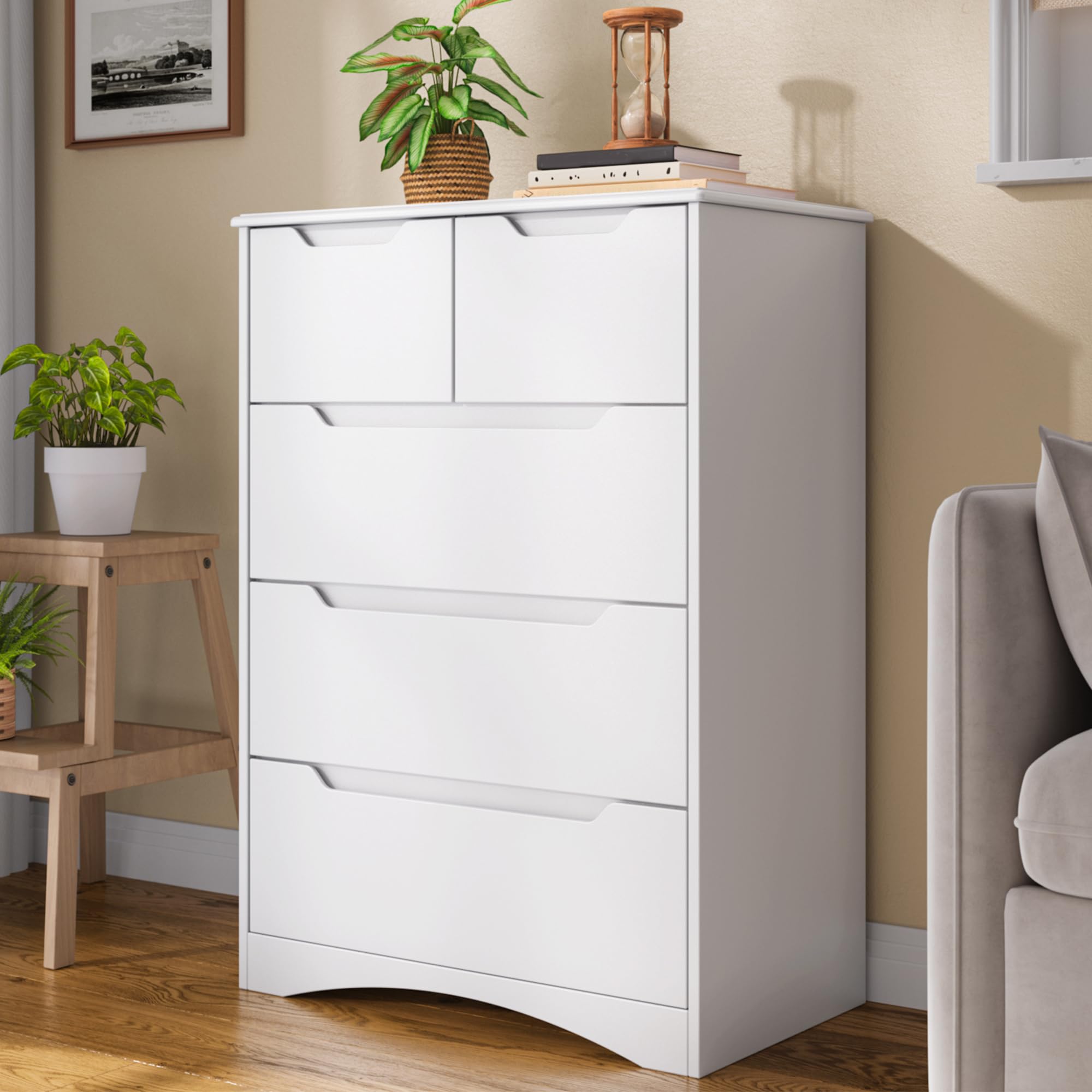 Cassettiera Camera da Letto con 5 cassetti, settimino camera da letto,Moderno e Salvaspazio per la Camera da Letto Soggiorno e Ingresso, 94 x 72 x 41 cm,Bianco