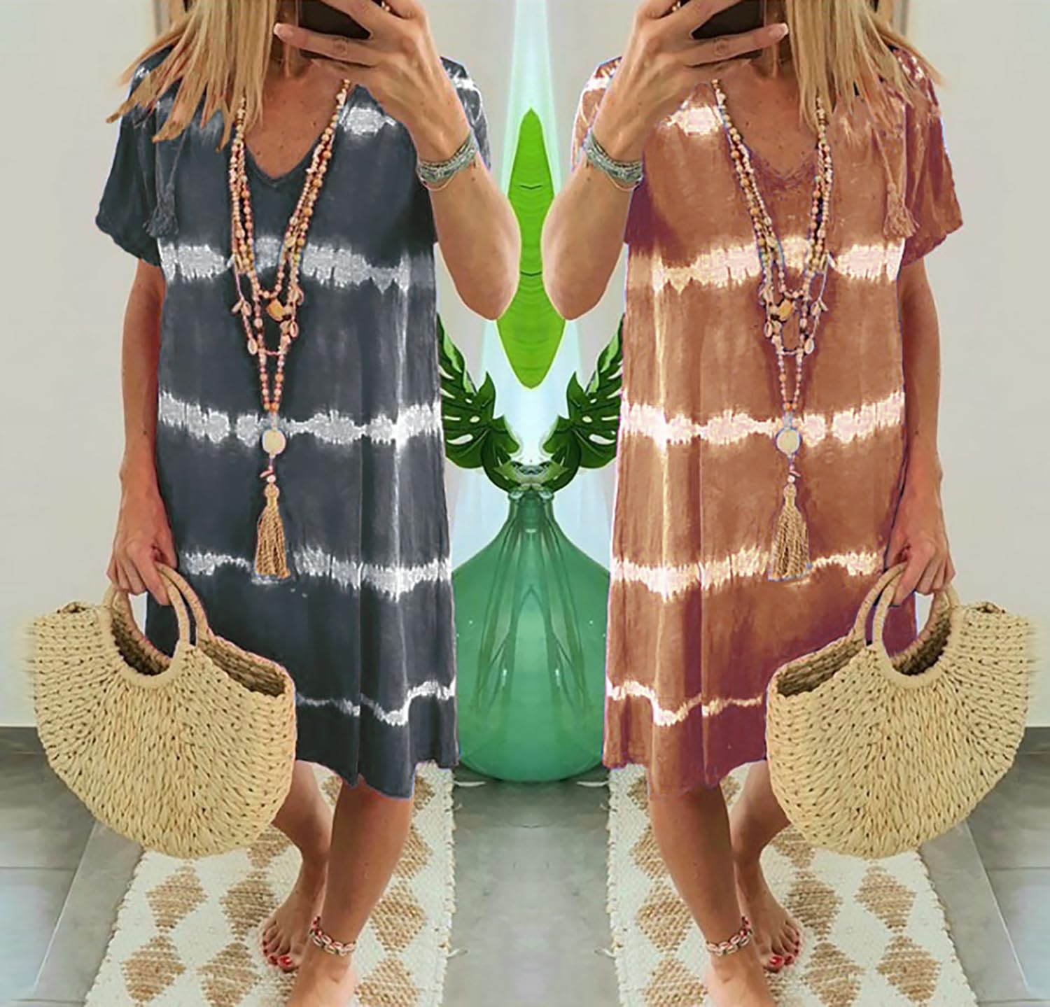 Tie-Dye a Righe Maniche Corte Sciolte T-Shirt Vestito,Tie Dye Vestito per Le Donne,Casual Spiaggia Scollo a V Abiti, WFFUO, G, XL