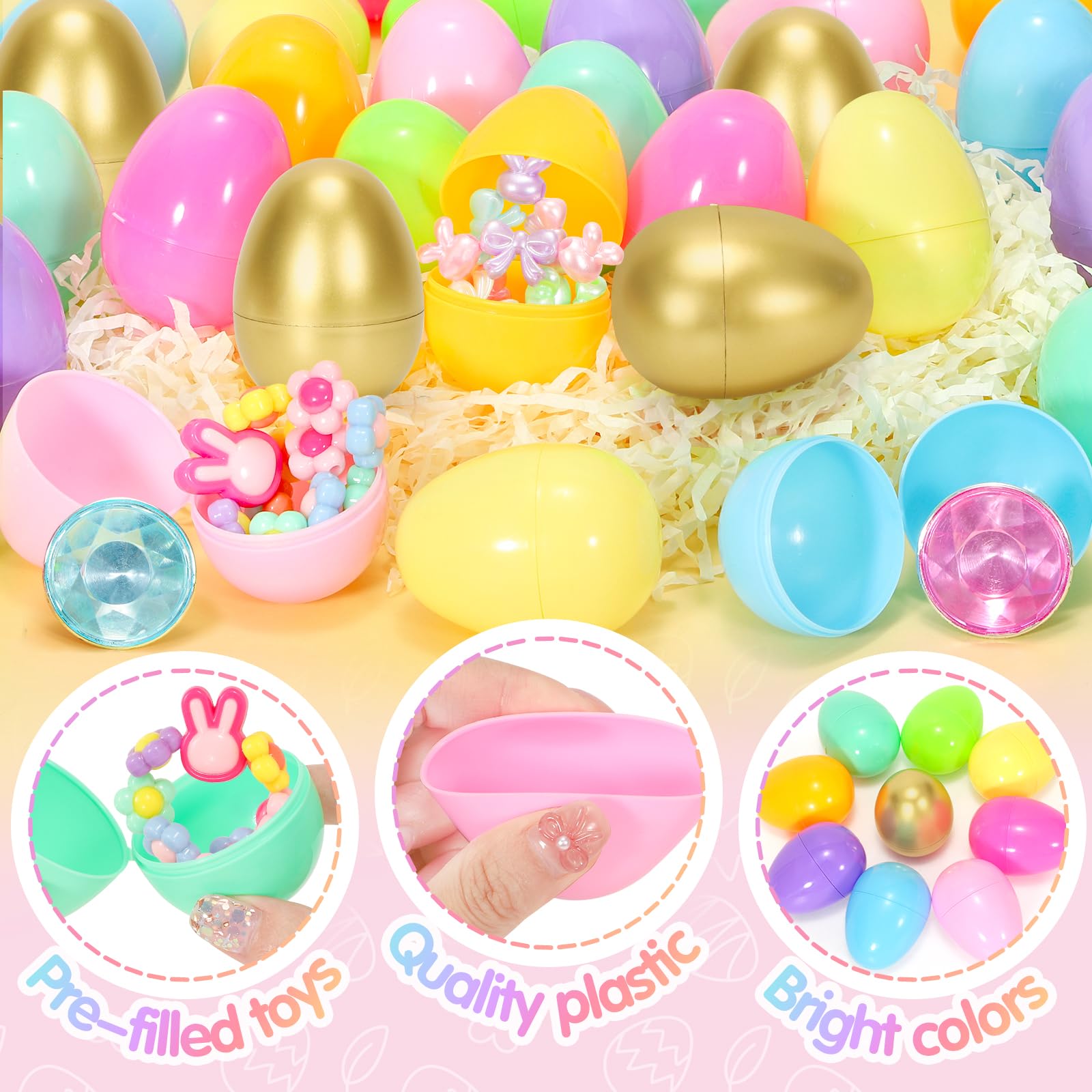 SevenQ - Lot de 24 œufs de Pâques pré-remplis avec bracelets et bagues - Bijoux pour enfants filles - Pour remplir le panier de Pâques - Cadeaux pour enfants - Jouets anti-stress - Favoris pour fêtes