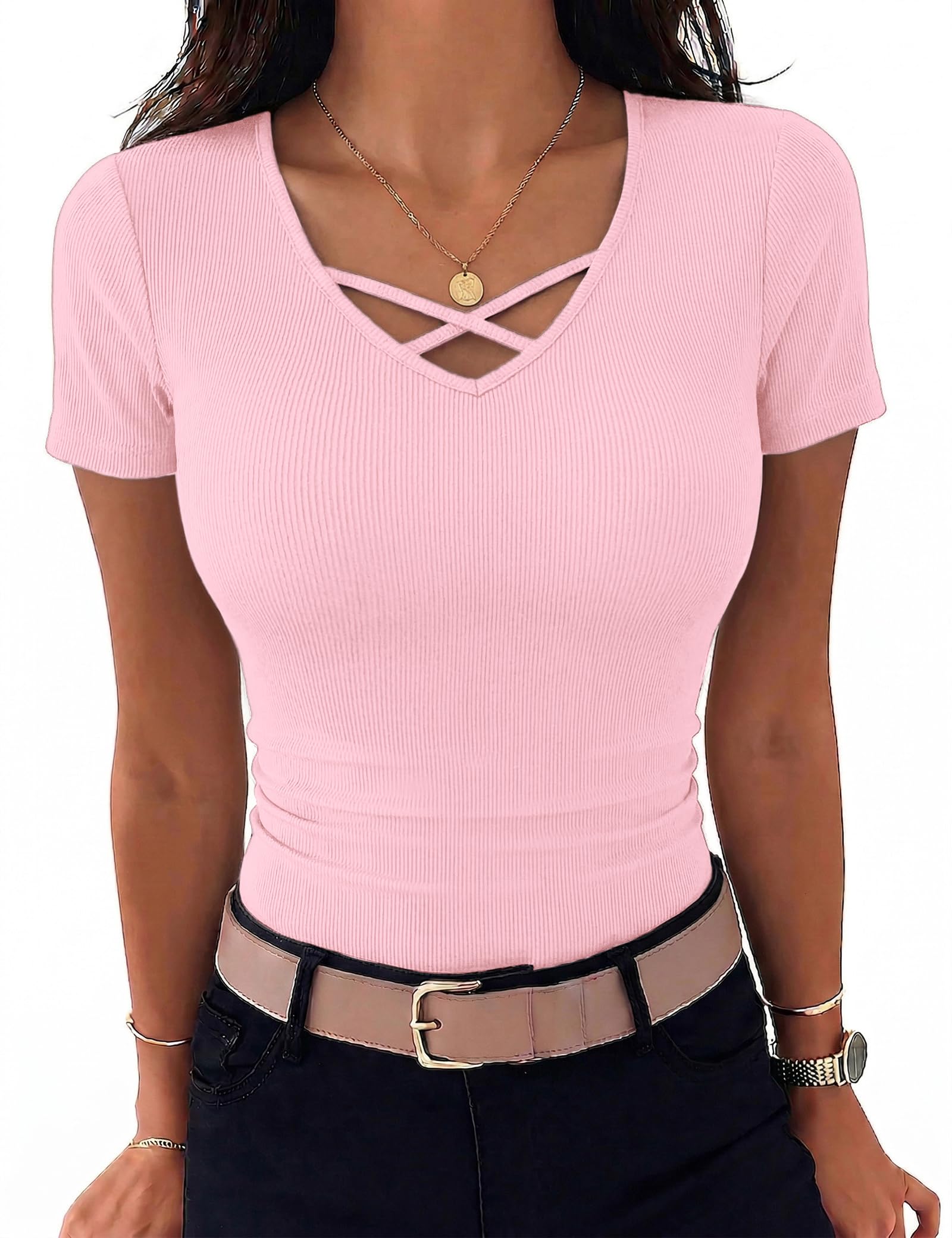 Aottori Tshirt Damen V-Ausschnitt Kurzarm Sommer T-Shirt Basic Gerippt Oberteile Stretch Elegant Top Einfarbig Slim Fit Tee Shirts