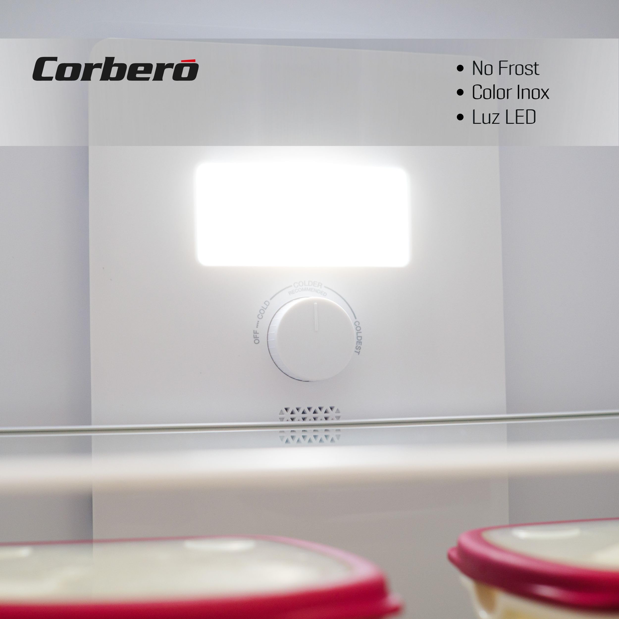 Corbero - Frigorífico Combi No Frost | CCH18574NFX | 327L | 59x91x177 | Luz LED | Crisper y Balcones Ajustables | Estantes de Cristal | 39 Db | Inox