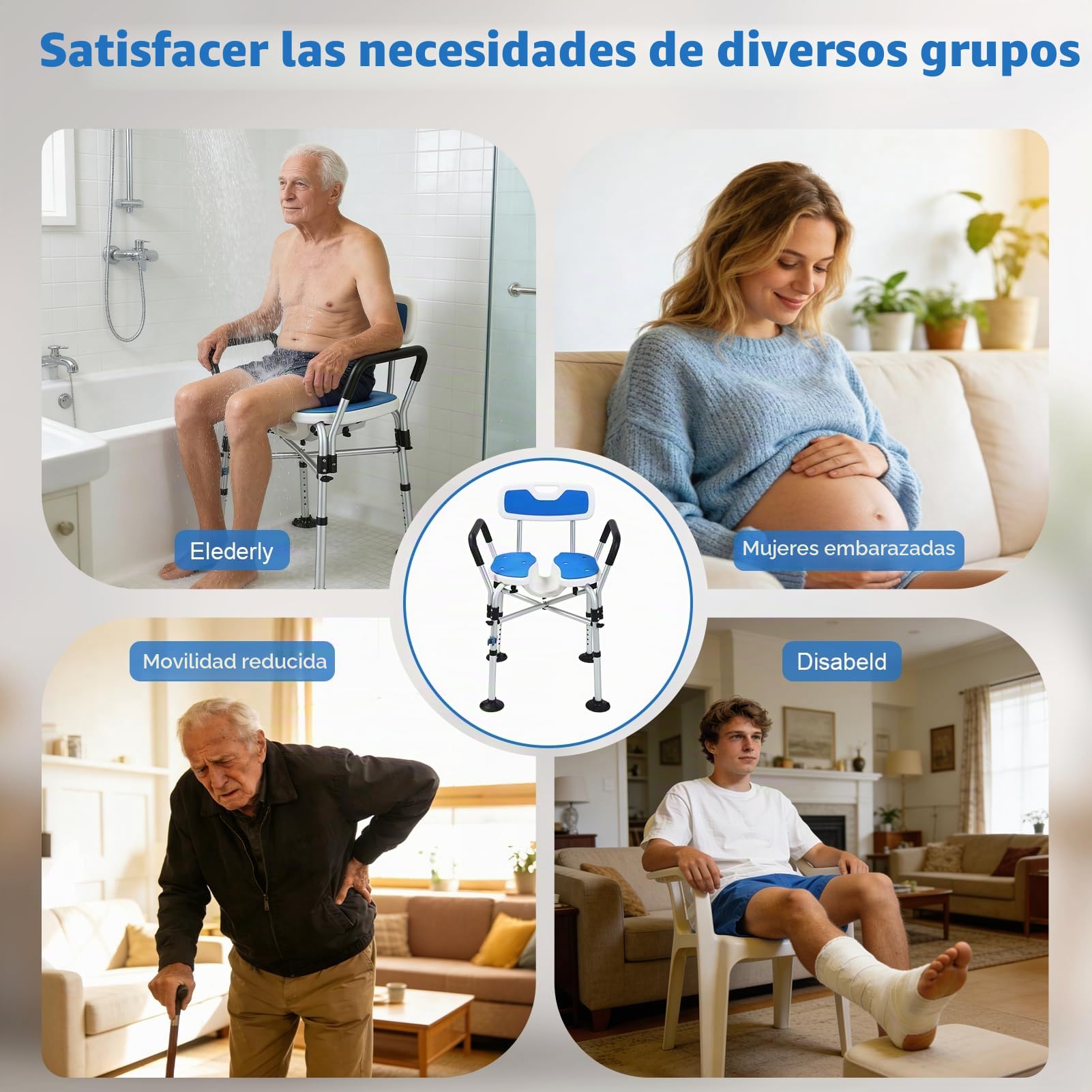Silla de Ducha para Personas Mayores Silla de Ducha Plegable Reposabrazos y Respaldo Antideslizante, Altura Ajustable Capacidad de Carga de 150kg Silla de Baño con Diseño Cóncavo 3D