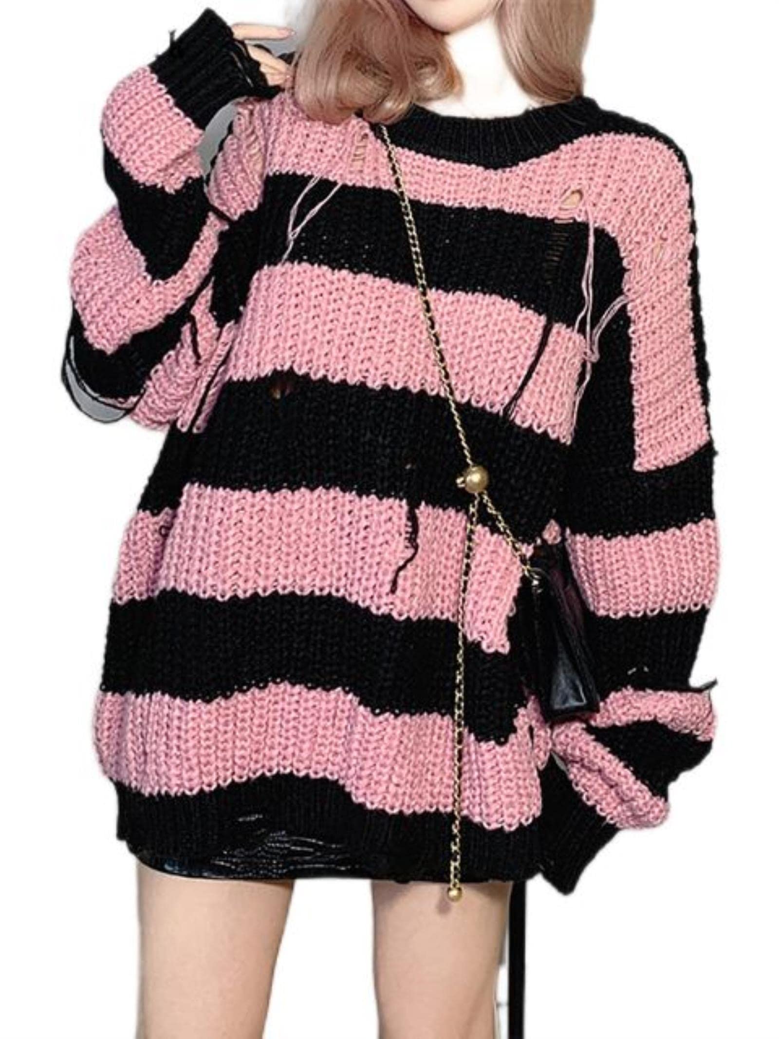 Wszjln Women's Pink Striped Punk Pastel Gothic Oversize Sweaters Grunge Egirl Streetwear Knit Pullover Broken Hole Loose Jumper