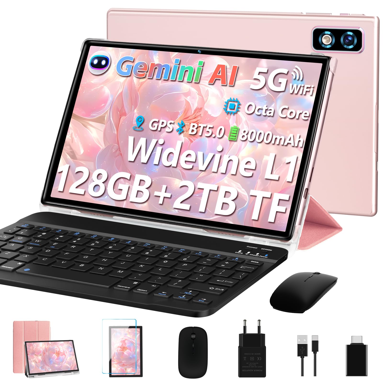 2026 Tablet 10 Pulgadas Android AI, Octa-Core 2.0GHz, 22GB(6GB+16GB)+128GB/TF 1TB, 8000mAh Batería, Widevine L1, GPS, 5G WiFi, Bluetooth5.0, Tablet con Funda, Teclado y Ratón - Dorado