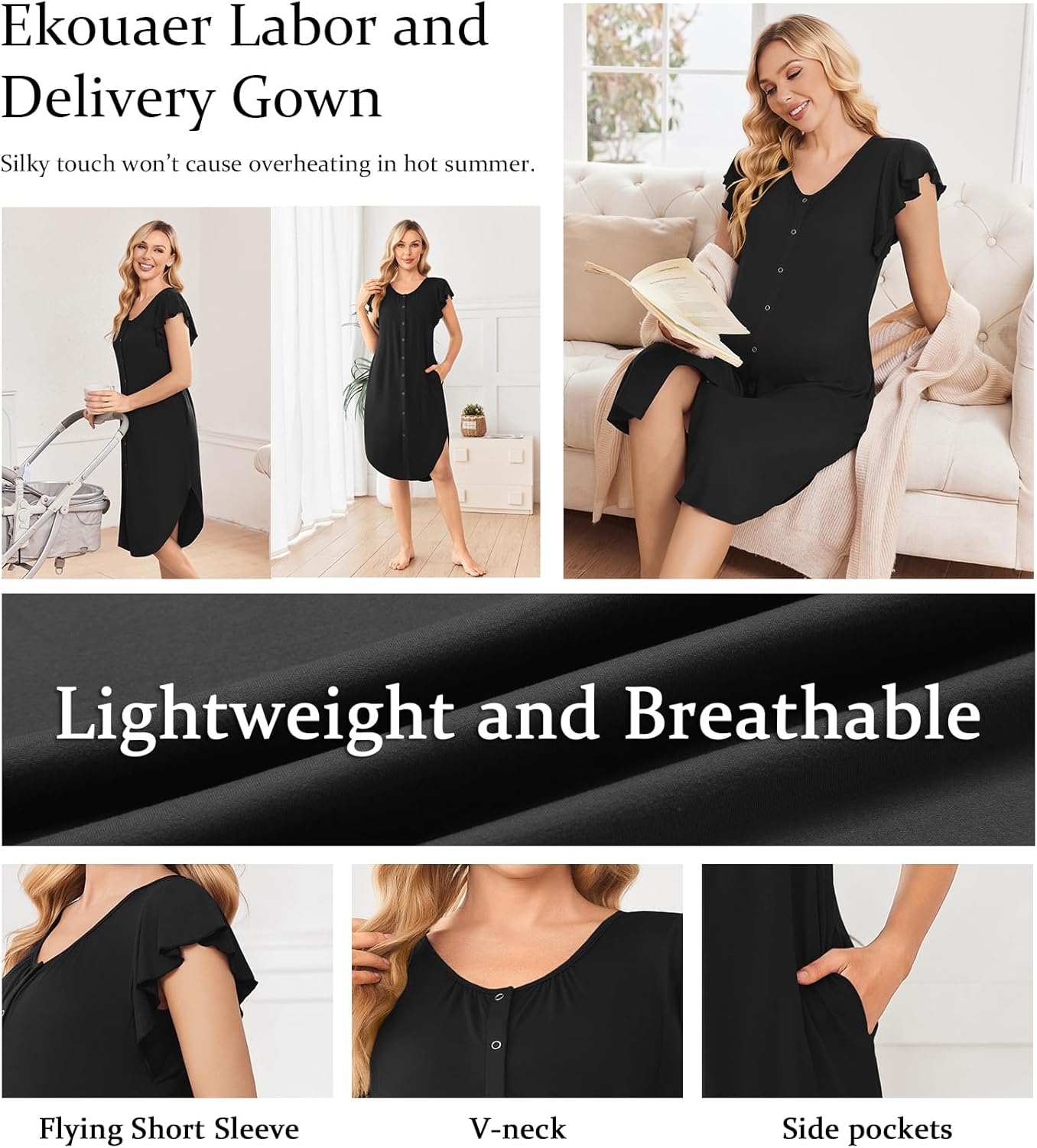 Ekouaer Labor and Delivery Gown 3 in 1 Nursing/Hospital/Breastfeeding/Maternity Flying Short Sleeve Nightgown with Button - Image 4