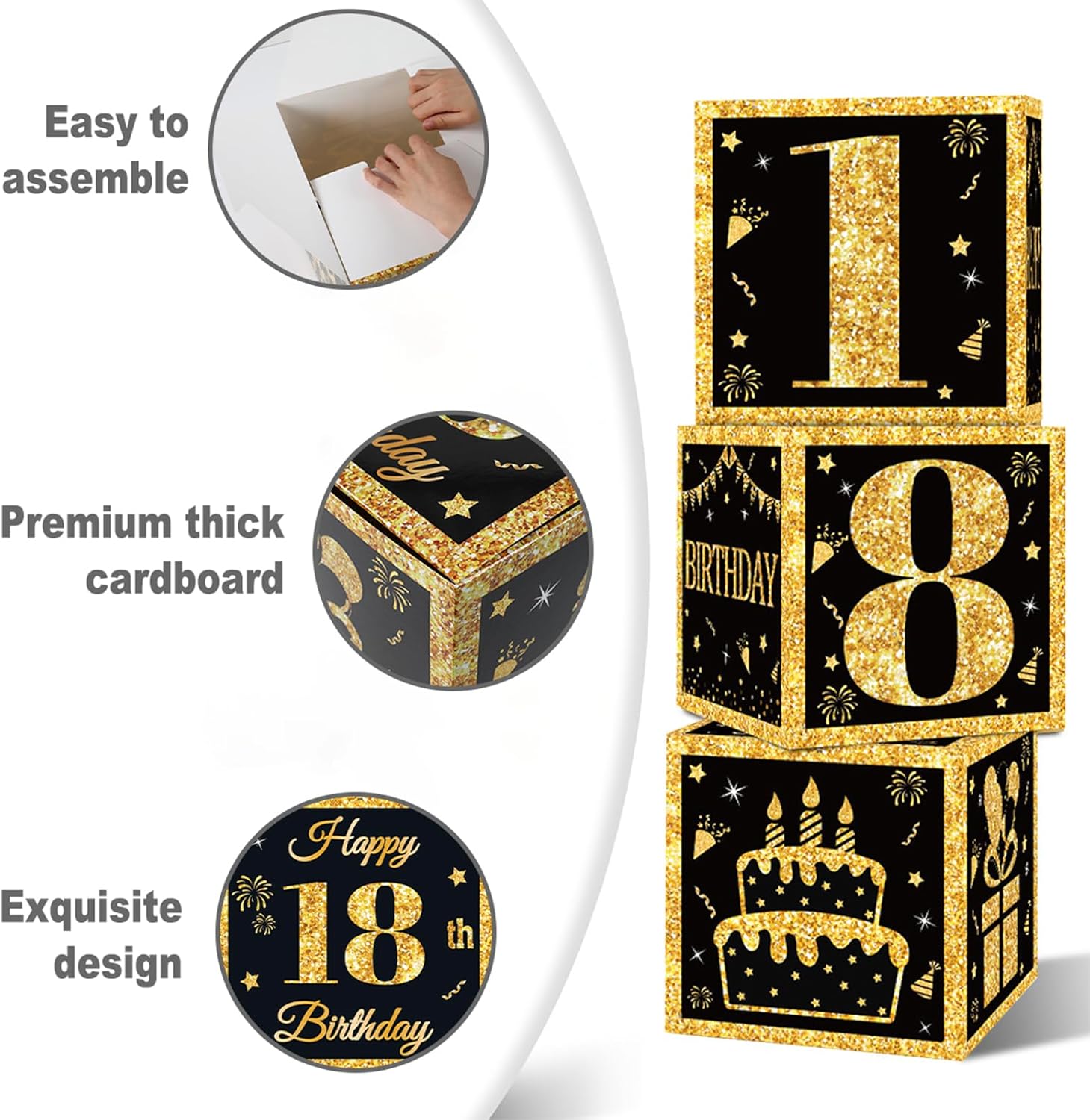 18th Birthday Decorations Boxes for Men or Boy- 3PCS Black Gold Time To Adult 18th Birthday Balloons Boxes , 18 Year Old Party Supplies for Men Boy - Image 6