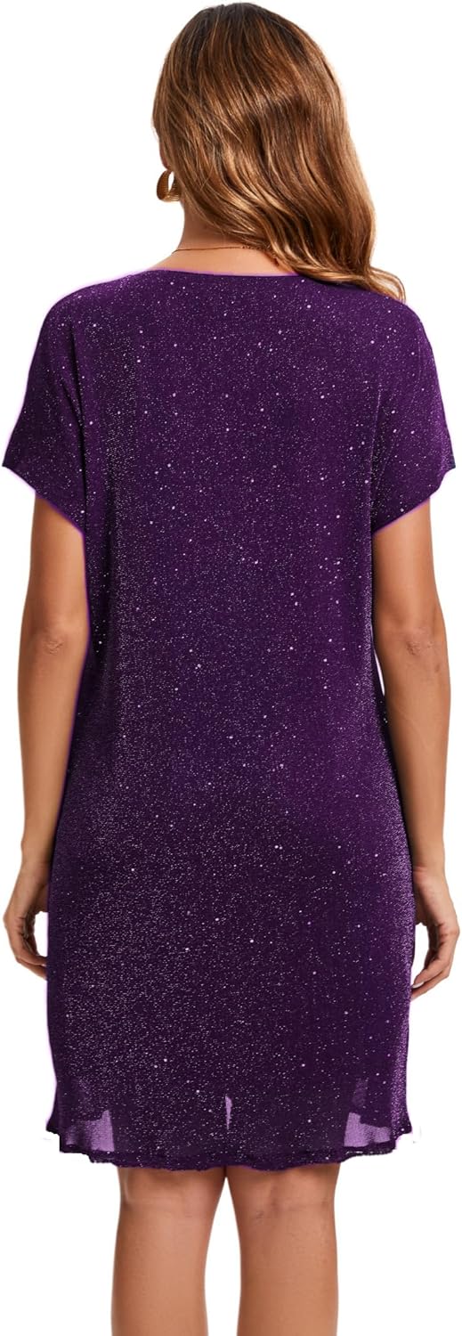 Women's Crewneck Sequin Shift Dress Short Sleeve Casual Holiday Sparkly Party Dress - Image 4