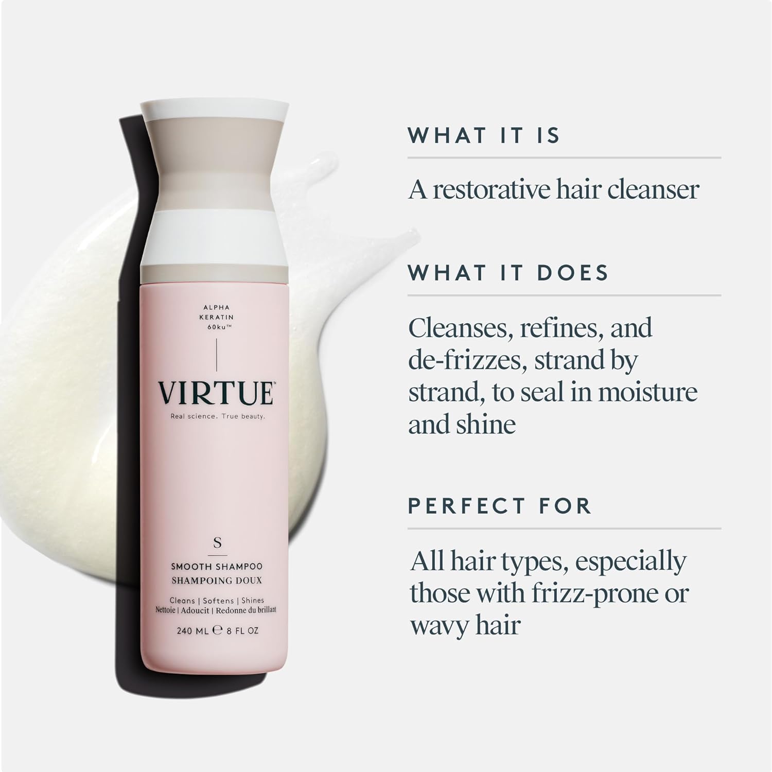 VIRTUE Smooth Sulfate Free Shampoo for Frizz Control for Curly Hair, Safe for All Hair Types, Color Safe - Image 5