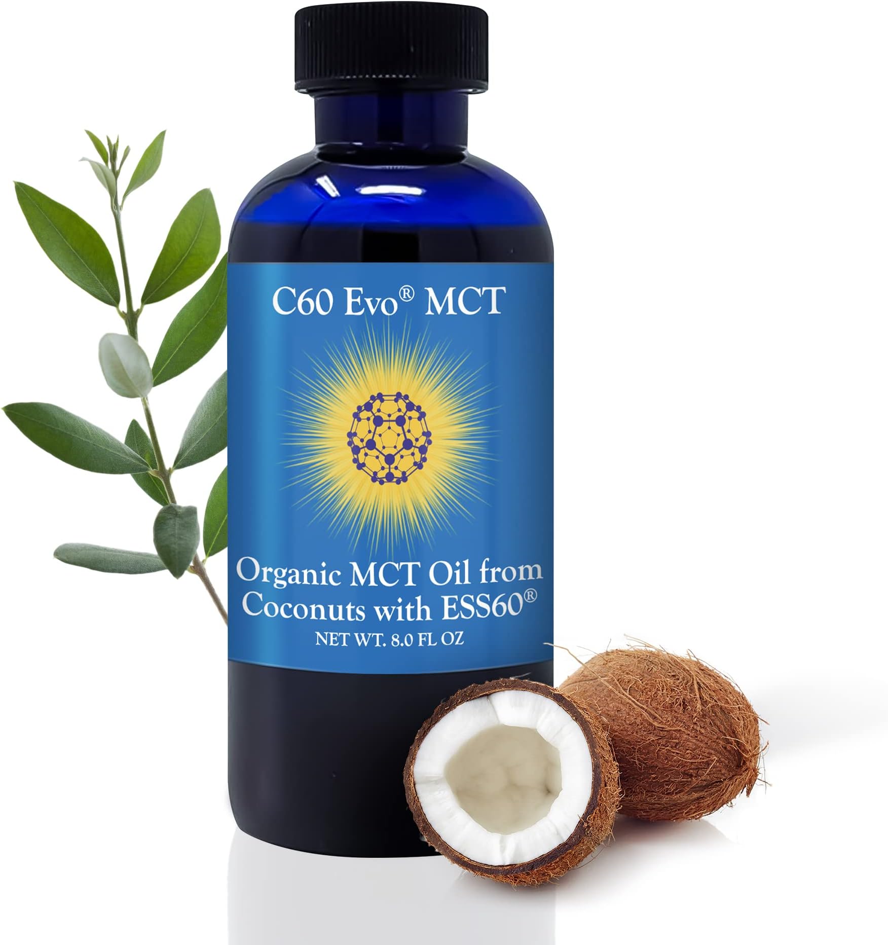 MCT Oil from Coconuts with C60 ESS60, Immune Support, Sleep Aid Rich in Antioxidants, Flexibility and Joint Support Supplement, Promotes MCT Wellness for Energy Boost, 8 oz