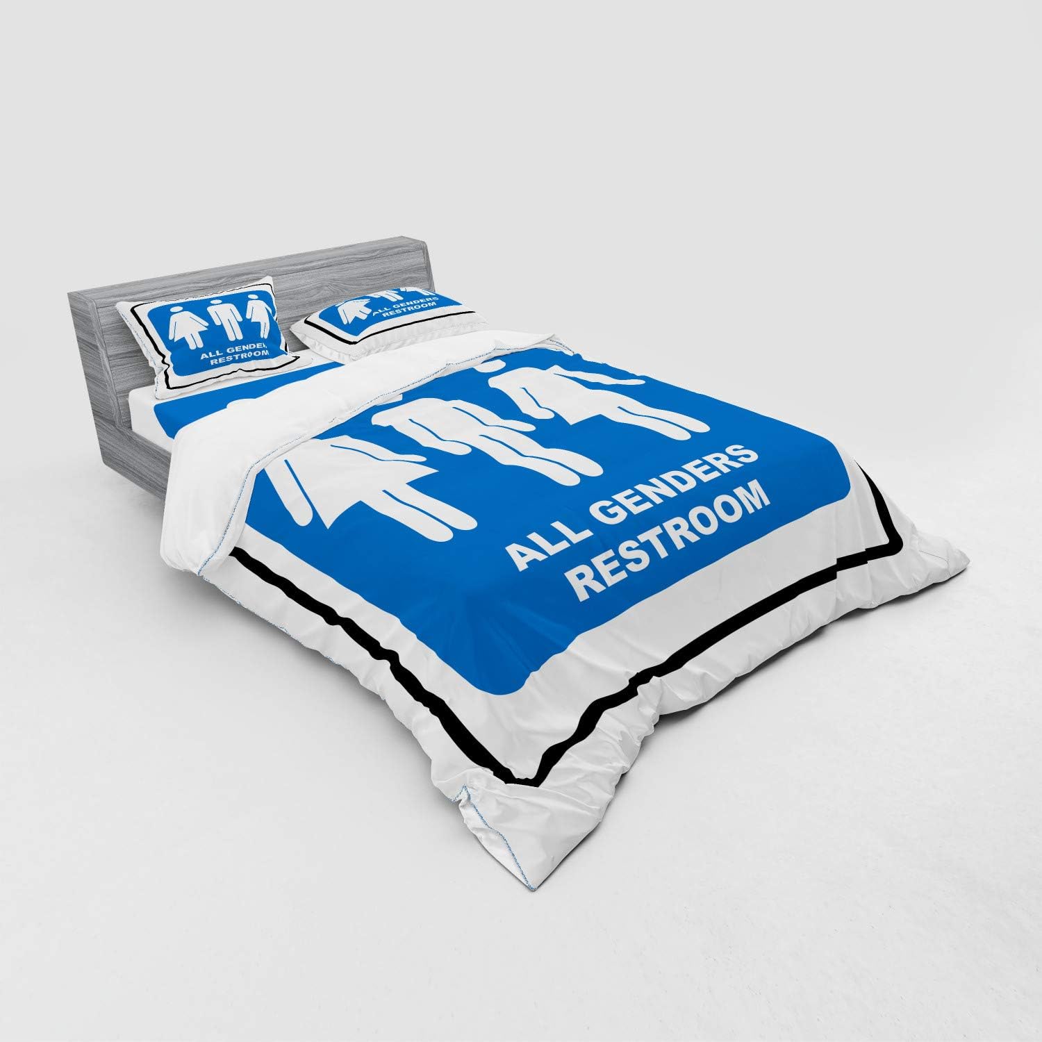 Ambesonne Queer Bedding Set, All Genders Restroom Sign Calligraphy with Unisex Male Female Trans Modern Art, 4 Piece Duvet Cover Set with Shams and Fitted Sheet, Queen Size, Cobalt Blue White