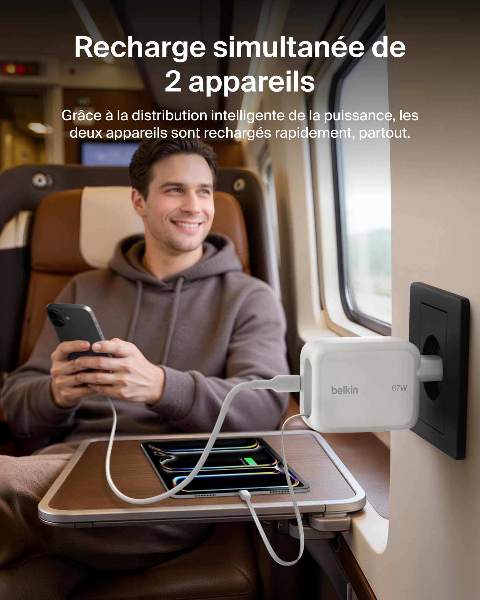 Belkin Chargeur USB-C GaN 67 W avec Câble USB-C Rétractable 1 M Et Port USB C, pour iPhone, Recharge Rapide pour iPhone 17 Et 16 Series, Galaxy S26 Series, AirPods, Tablettes, MacBook, Chromebook