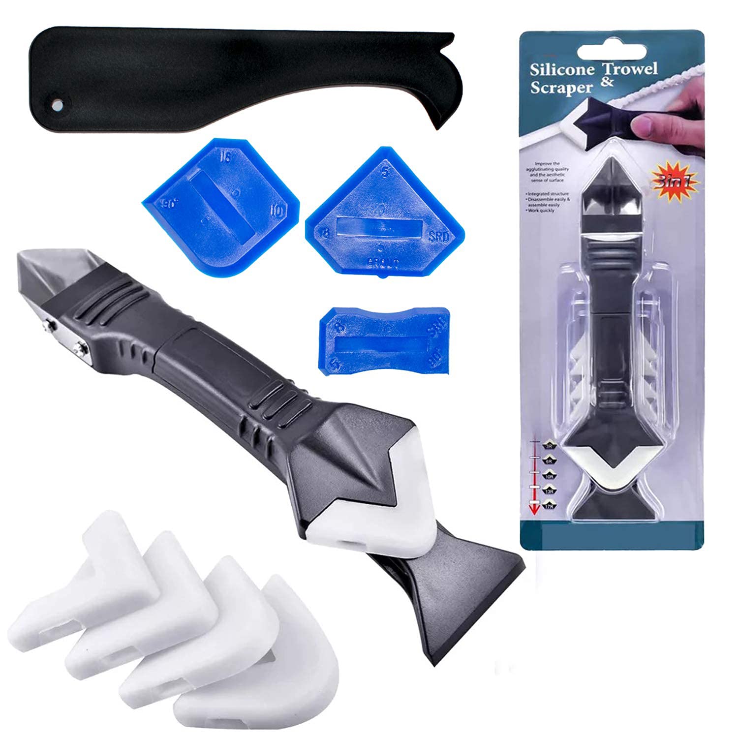 DELFINO Caulking Tools, 3 in 1 Silicone Caulking Finishing Tool Kit (stainless steelhead), Reuse and Replace 5 Silicone Pads, Sealant Caulk for Kitchen Bathroom Window, Sink Joint (11Pcs)