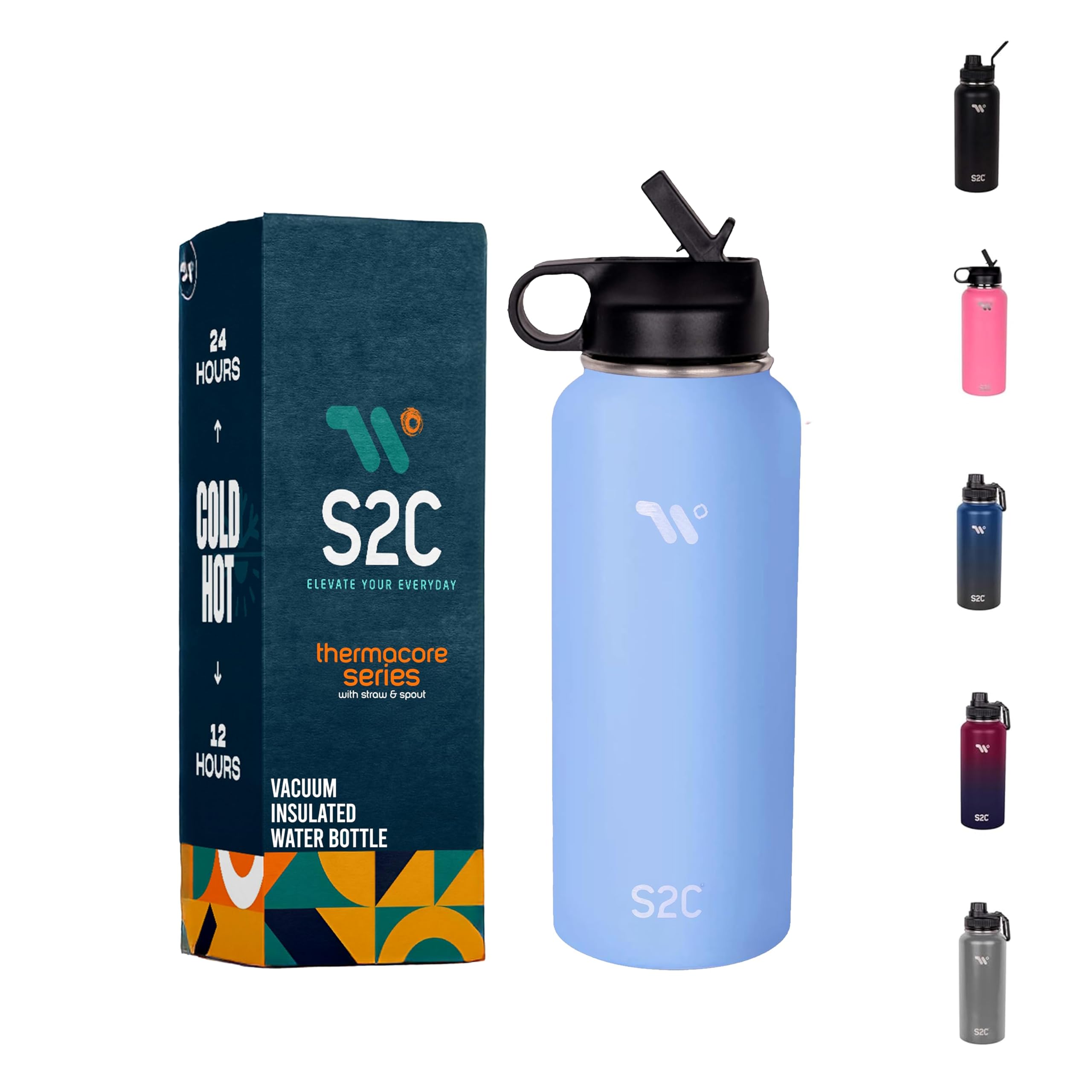 S2C Insulated Stainless Steel Water Bottle with Straw Lid - 1L BPA-Free Leakproof Design, Keeps Drinks Hot 12 Hours & Cold 24 Hours, Perfect for Travel & Outdoor Adventures (SKY BLUE)