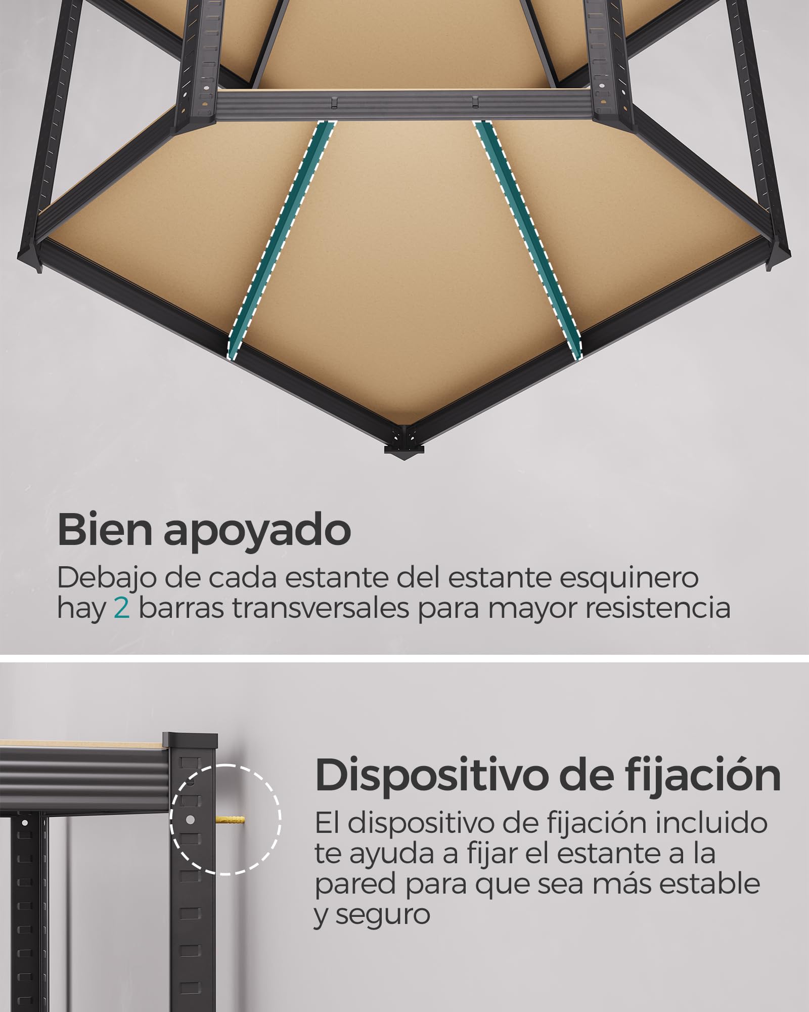 SONGMICS Estantería esquinera de 4 Niveles, estantería de Garaje, estantería de Metal Resistente, para Garaje, trastero, almacén, Cargas de 1500 kg, Tinta Negra y Beige Natural GLR056B03