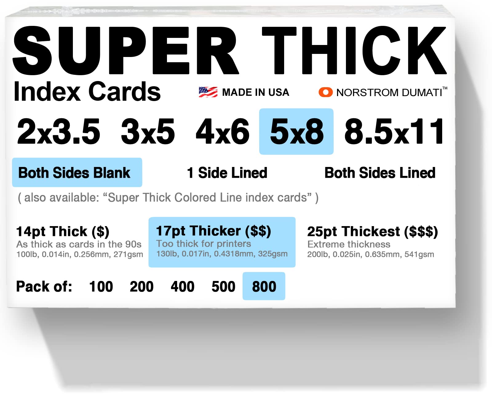 100 SUPER THICK index cards/ 5"x8" / 17pt 130lb cardstock/Blank un-ruled/archival acid-free
