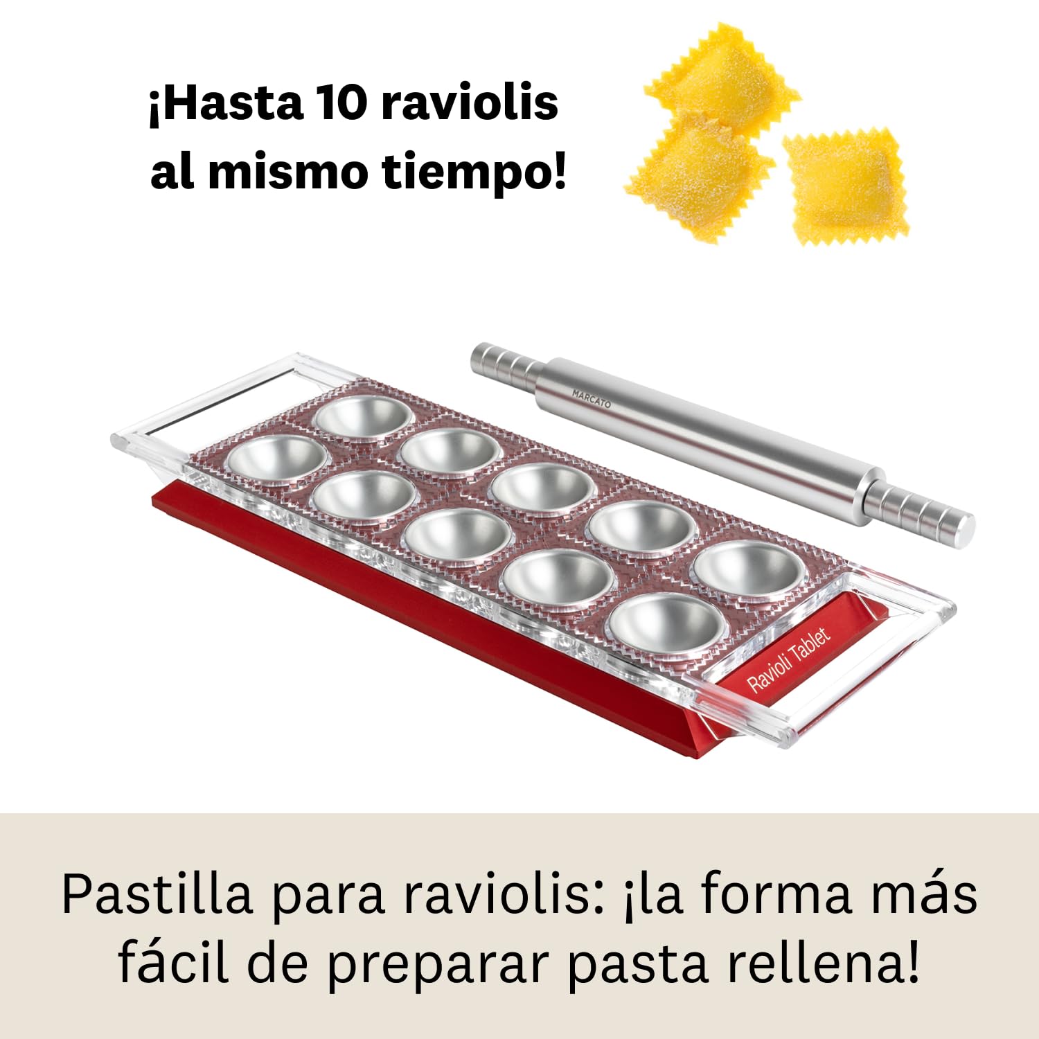 Molde para Raviolis Marcato, Máquina para Raviolis, Formas para Raviolis Caseros, Corte Cuadrado de 50 mm, Mattarello de Aluminio Incluido. Modelo: Ravioli Tablet, Rojo.