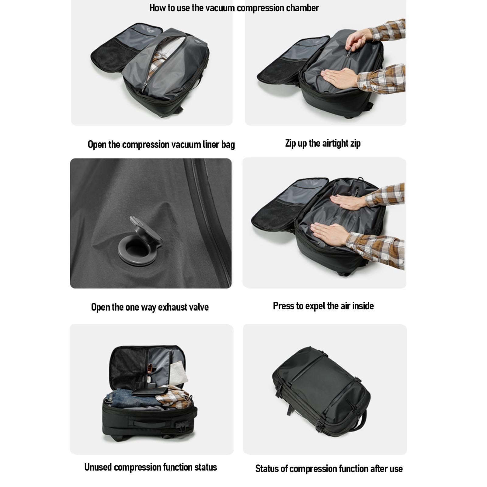 Vakuum-Rucksack, Erweiterbar, Wasserdicht, Oxford-Stoff, Luftrucksack, TSA-Schloss | Kompressionsbeutel, Großer Rucksack für Reisen, Schwarz