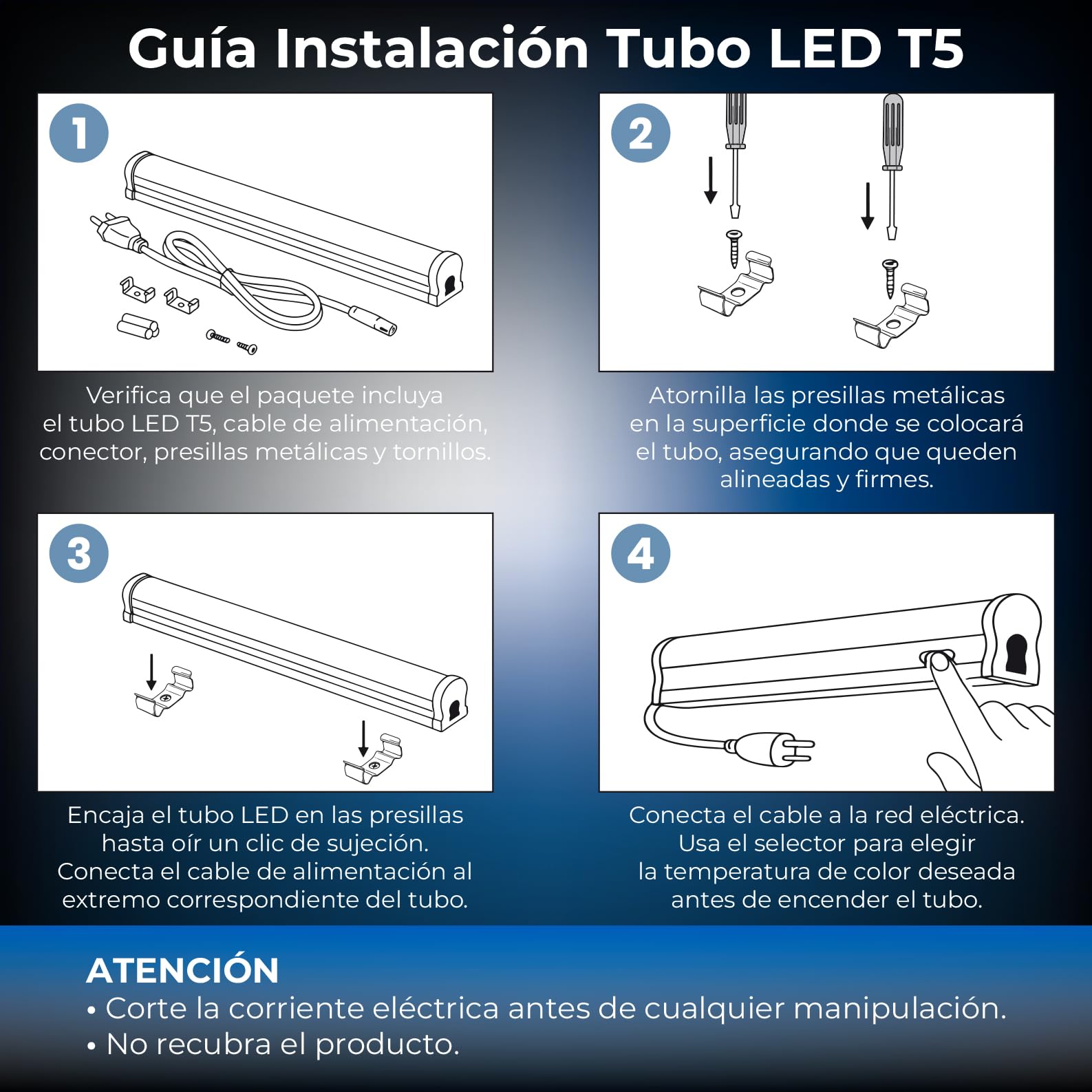 LED ATOMANT Tubo LED T5 120cm 18W, CCT (Selector de Color Blanco Calido, Neutro y Frio), Para armario, trastero o cocina.