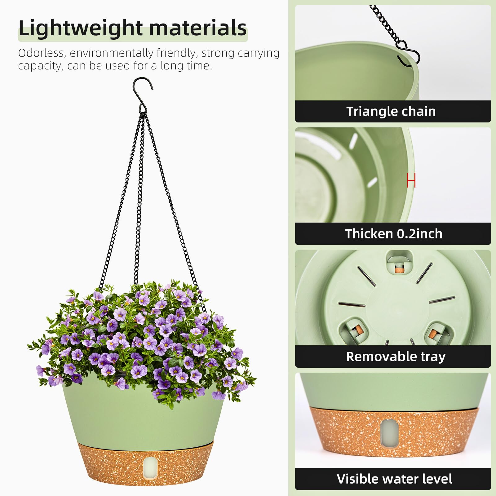 QCQHDU 2 Stück 20 cm Blumenampel Hängend ür Innen und Außen,Hängetopf mit Drainageloch für Pflanzen,3-Haken-Blumentöpfe zum Aufhängen,Hängepflanzen Topf für Garten und Haus(Grün)