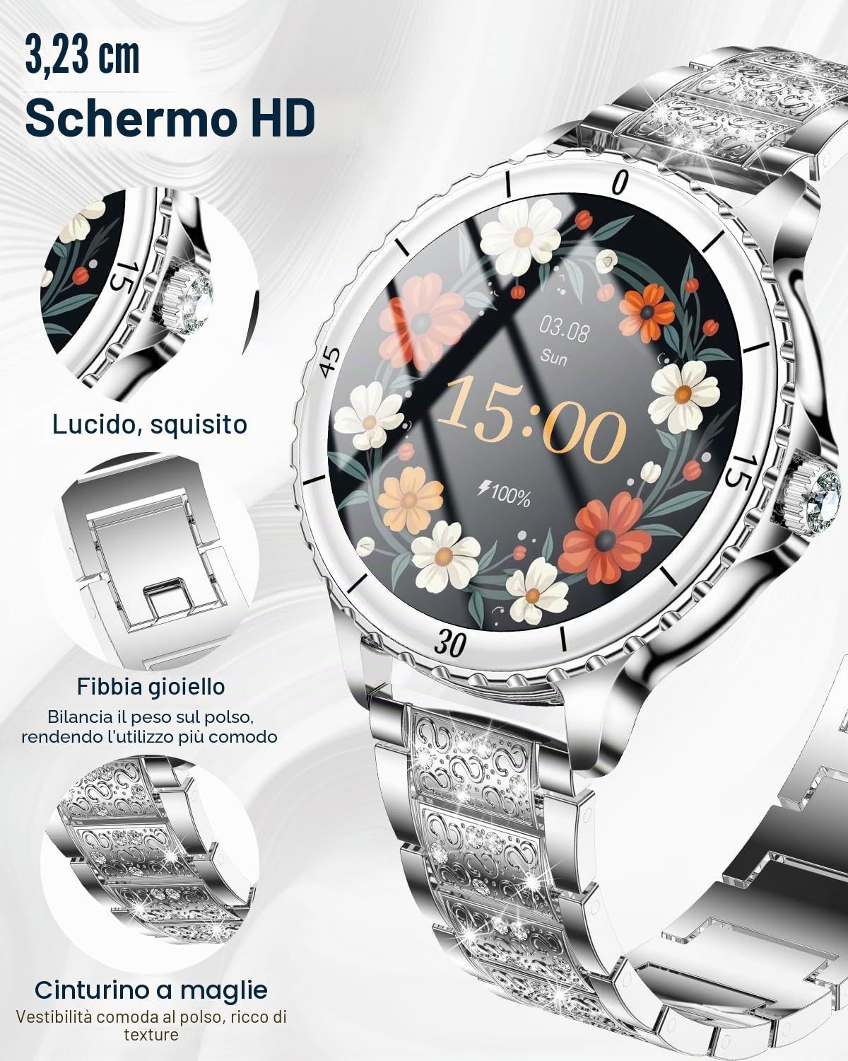 Smartwatch Donna Chiamate Bluetooth, 1.27" Orologio Smart Watch Rotondo con Cinturino di Diamante, Compatibile Android/iOS, IP68 Impermeabile Fitness Trackert con Cardiofrequenzimetro Sonno, Argento