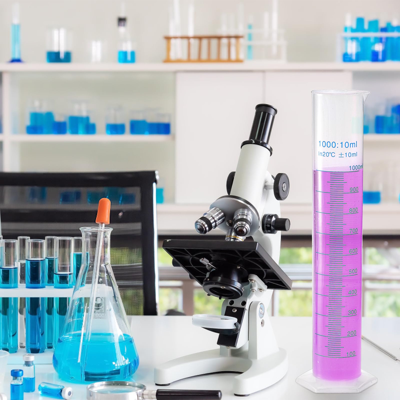 Bekith Confezione da 4 cilindri graduati in plastica da 1000 ml con base stabile, cilindri graduati in plastica su 2 lati, cilindri graduati trasparenti per progetti scientifici, forniture di