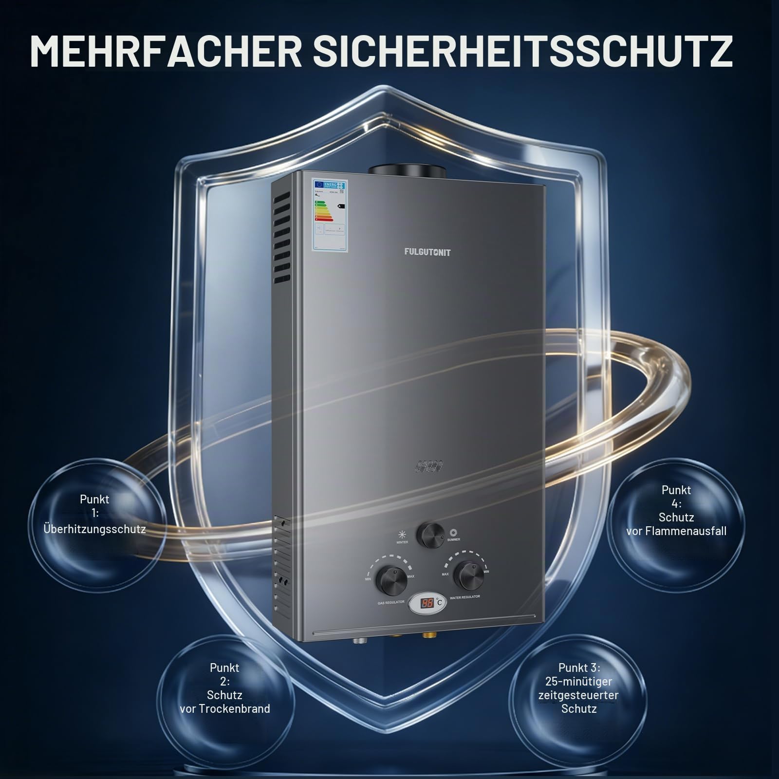Fulgutonit 18L LPG Gas Durchlauferhitzer,36KW Instant Gasdurchlauferhitzer, Kompatibel Mit Propan Und Butan, Niederdruck Start 0.25 Bar,Überhitzungsschutz, Batteriebetrieben Für Haus, Hütte