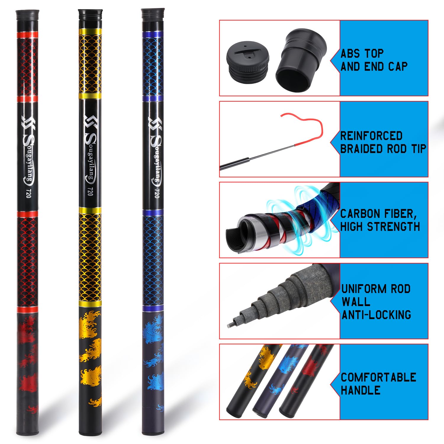 Sougayilang Telescopic Fishing Rod, Ultralight Travel Fishing Pole, Portable Collapsible Bass Crappie Rod, Inshore Stream Rod-Golden-2.7m 2