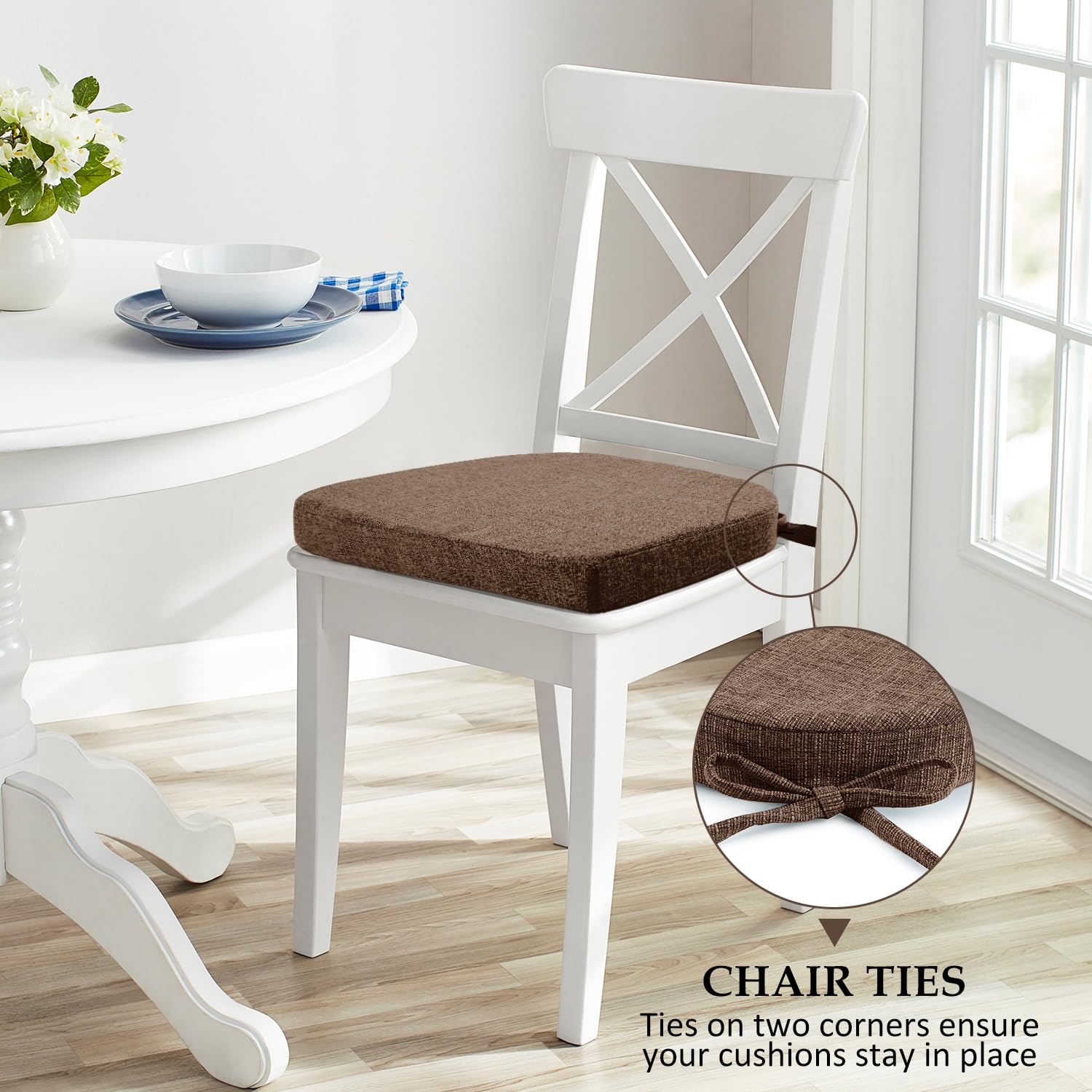 Wellsin Chair Cushions for Dining Chairs 4 Pack - Kitchen Chair Cushions with Ties and Non-Slip Backing - Dining Chair Pads 16"X16"X2", Brown