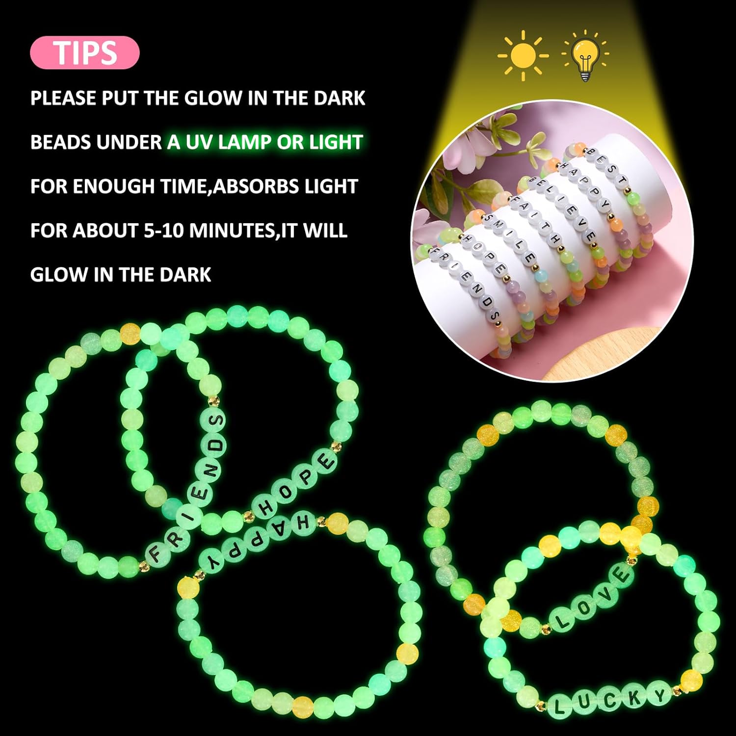 Hoteam 100 Pcs Beaded Friendship Bracelets Bulk Colorful Glow in The Dark Inspired Letter Bracelets Y2k Stretchy Preppy Adjustable Jewelry for Music Lovers Fans Women Party Favor Gifts Sleepover Party - Image 3