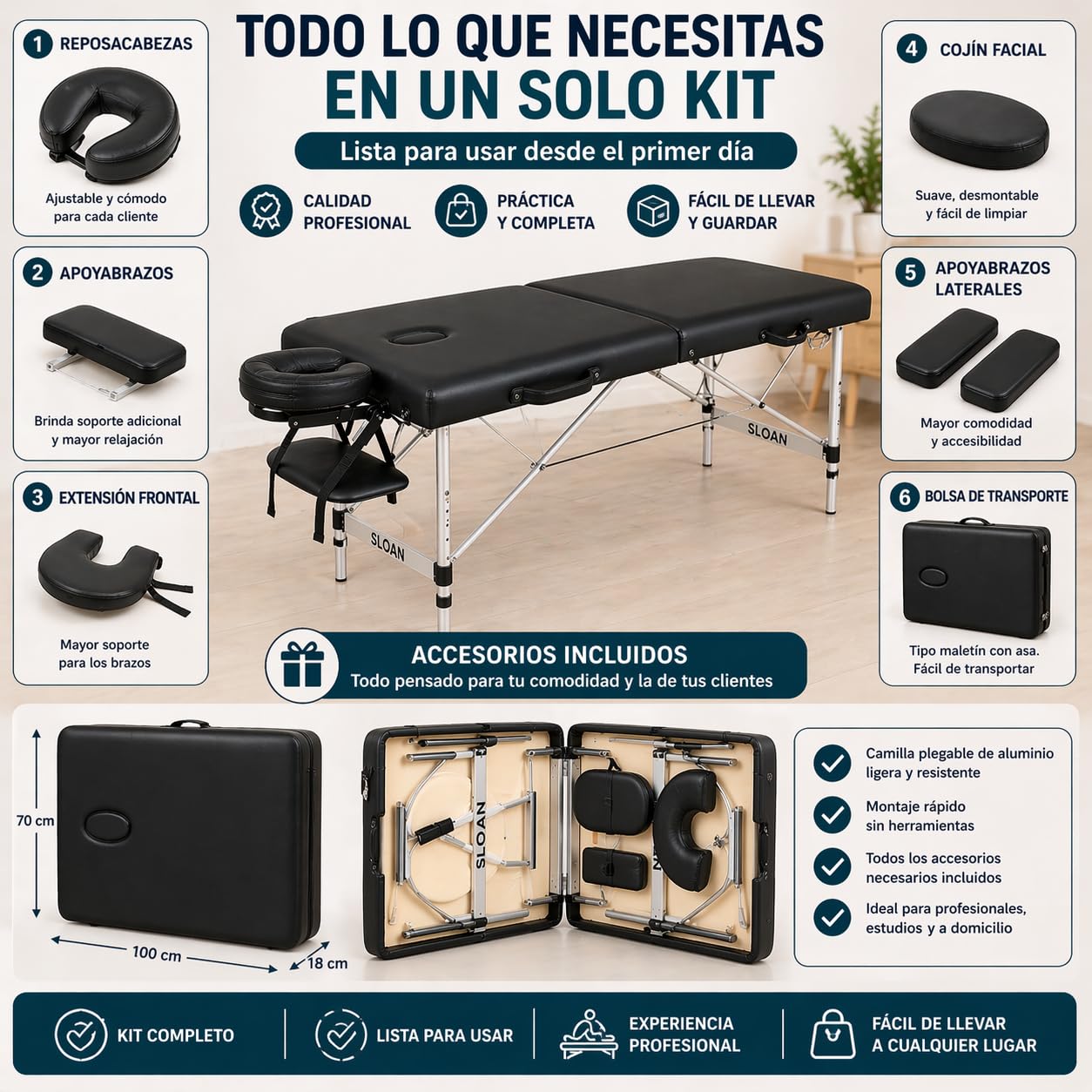 Sloan Camilla de Masaje Profesional de Aluminio – Plegable y Portátil – Altura Ajustable – Tapizado Resistente al Agua y Aceites – para Fisioterapia, Estética y Rehabilitación