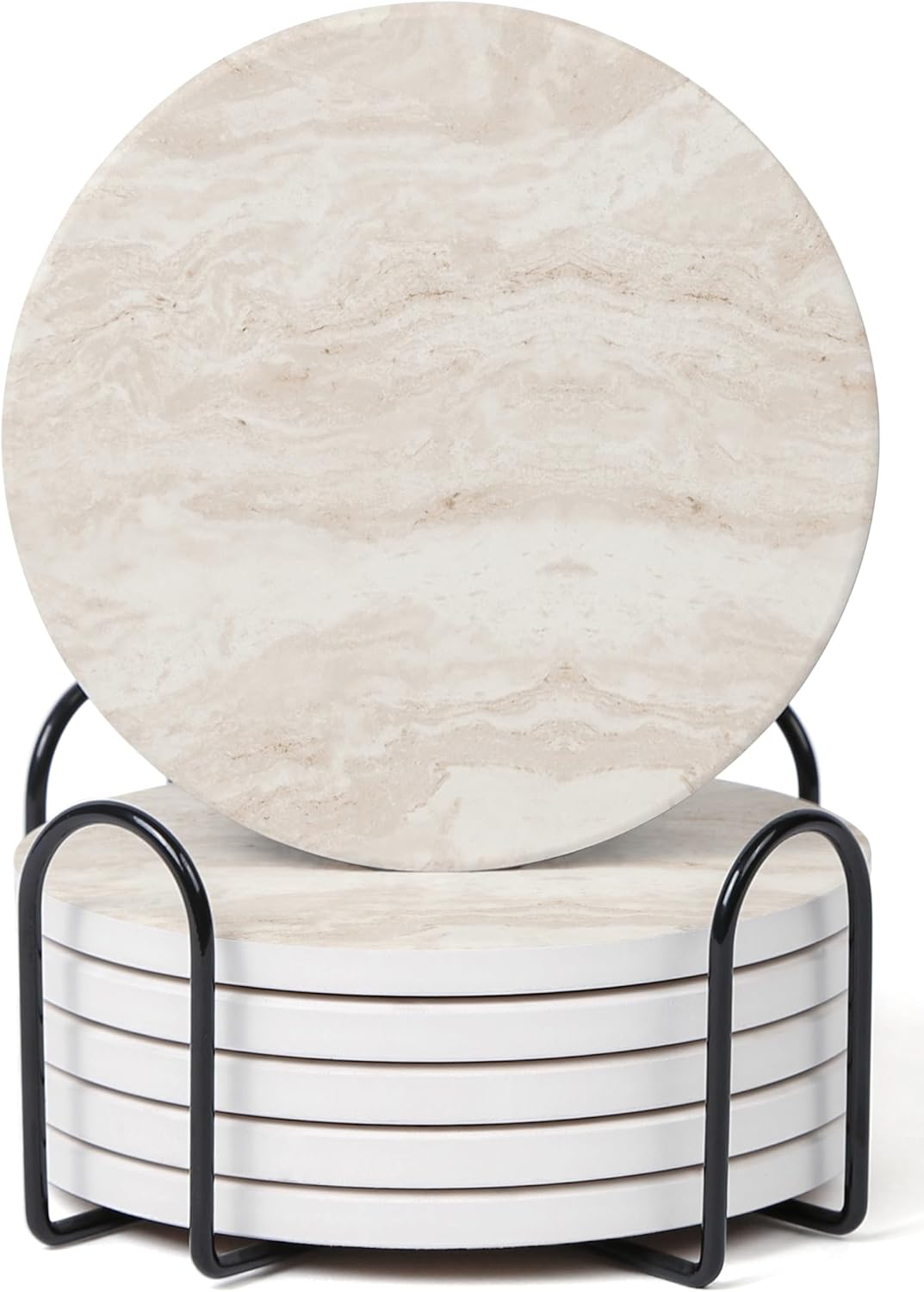 Set of 6 Light Beige Abstract Onyx Marble Coasters with Holder, Absorbent Ceramic Drink Coasters for Table Protection, Coffee Table Decor
