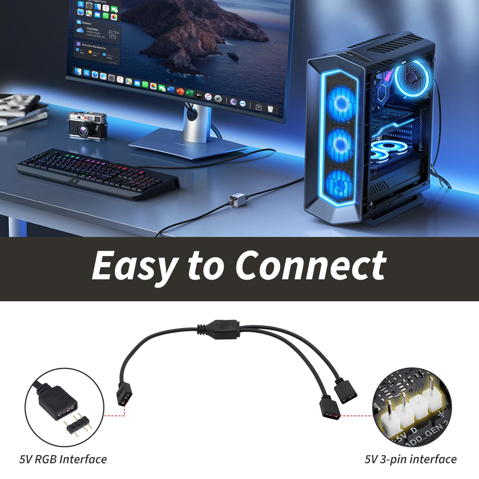 Câbles RGB PC 1 vers 2 Splitter ARGB 3 Pin 5V 30 cm avec Broches Mâles Extension Adressable pour Ventilateurs et Bandes LED