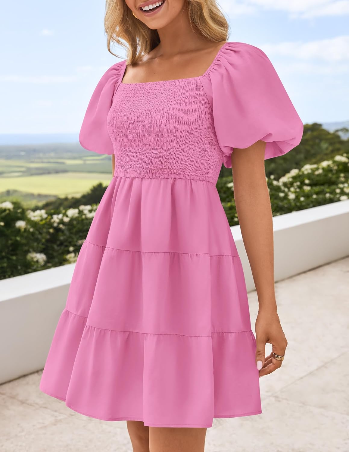 ZESICA Women's Boho 2026 Summer Square Neck Puff Sleeve Off Shoulder Smocked Tiered Casual A Line Short Mini Dress - Image 7