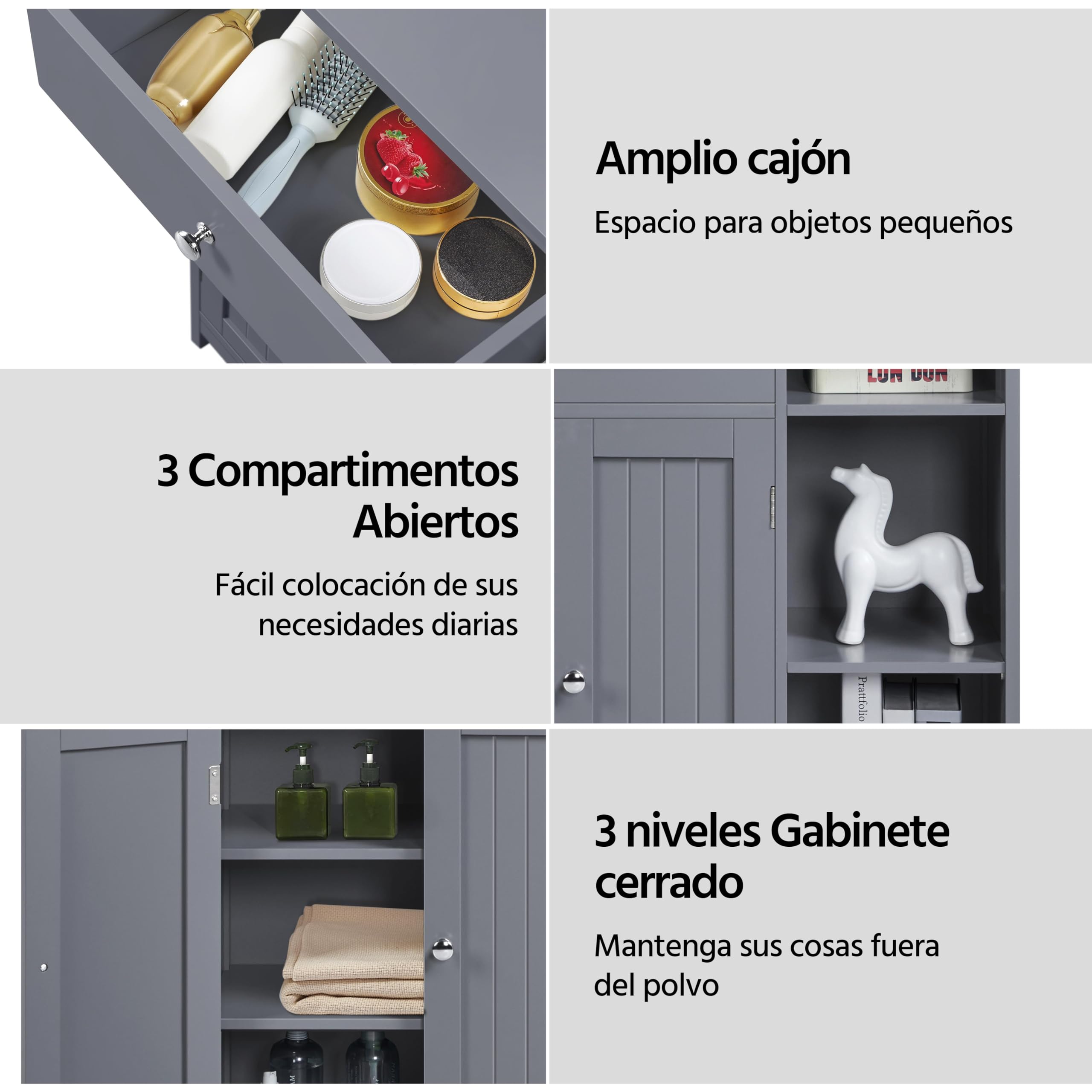 Yaheetech Mueble de Baño de Suelo Auxiliar de Madera Armario Baño con Cajón y Puertas Mueble de Cocina con Estante Ajustable 75 x 30 x 80 cm Gris