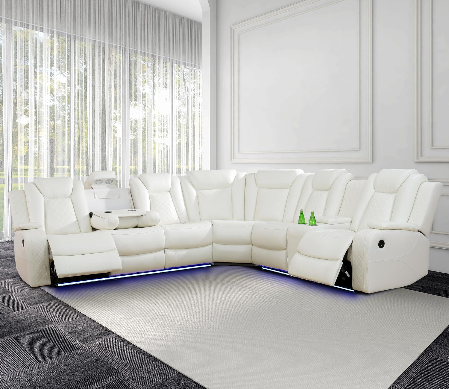 Power Recliner Sofa Sectional Couch with LED Light for Living Room,Leather Reclining Corner Sectional Sofa with 2 Recliner Seats,Cup Holder,Storage Console for House/Home Theater, Creamy