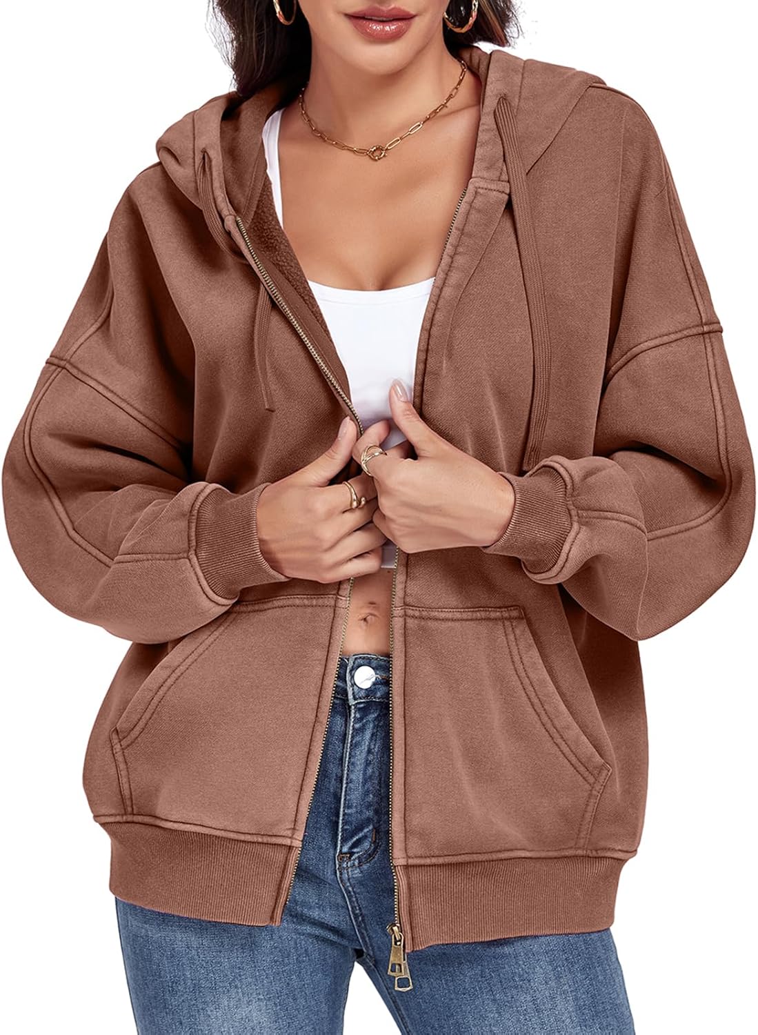 WOWULOVELY Womens and Mens Zip Up Hoodies Acid Wash Long Sleeve Oversized Sweatshirts Distressed Fleece Jacket with Pockets