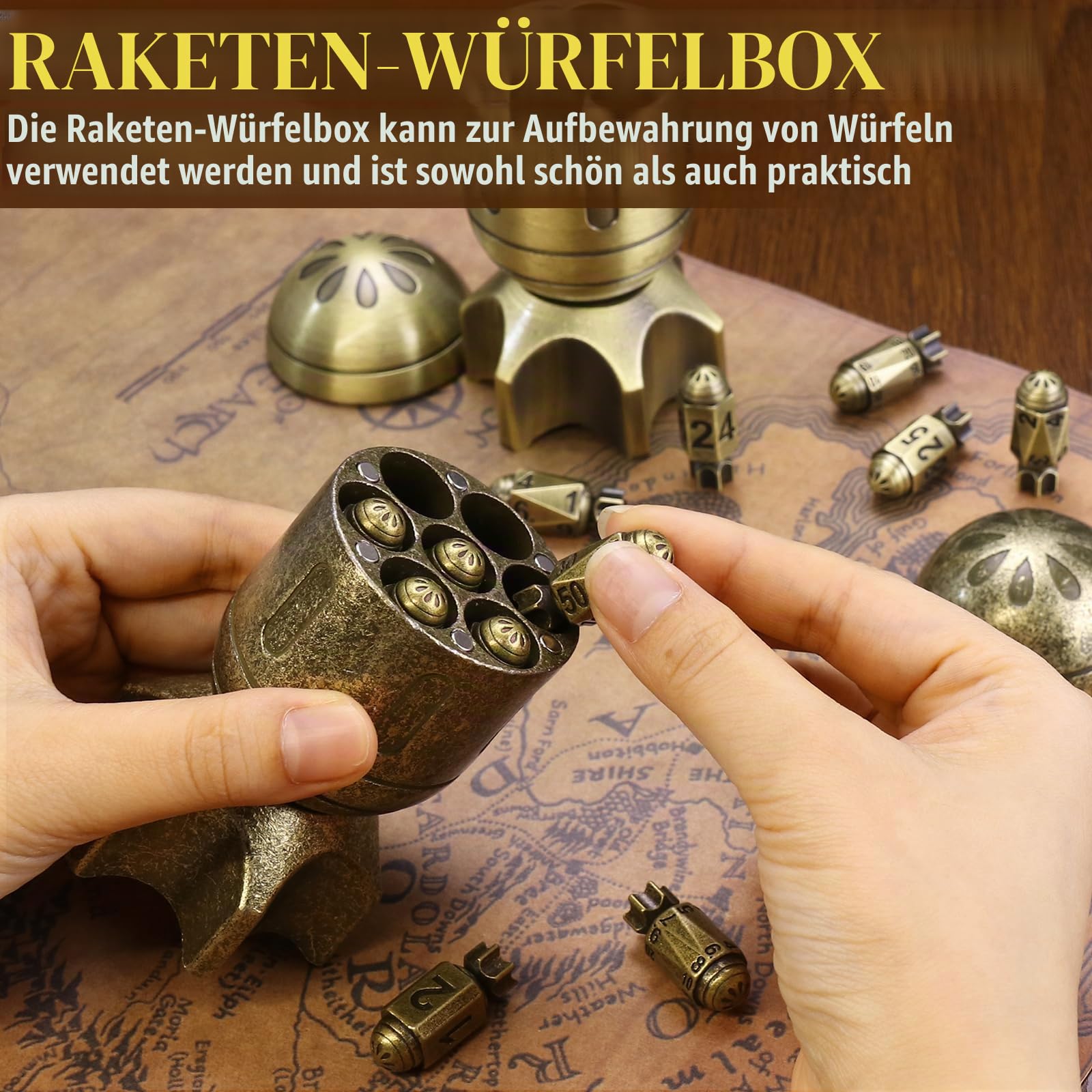 ZHOORQI DND Polyedrische Würfelset mit Spinning Missile Container - Cool Würfel Set für Dungeons and Dragons Krieg oder Verbrechen Themed RPGs(PD-Retro Bronze