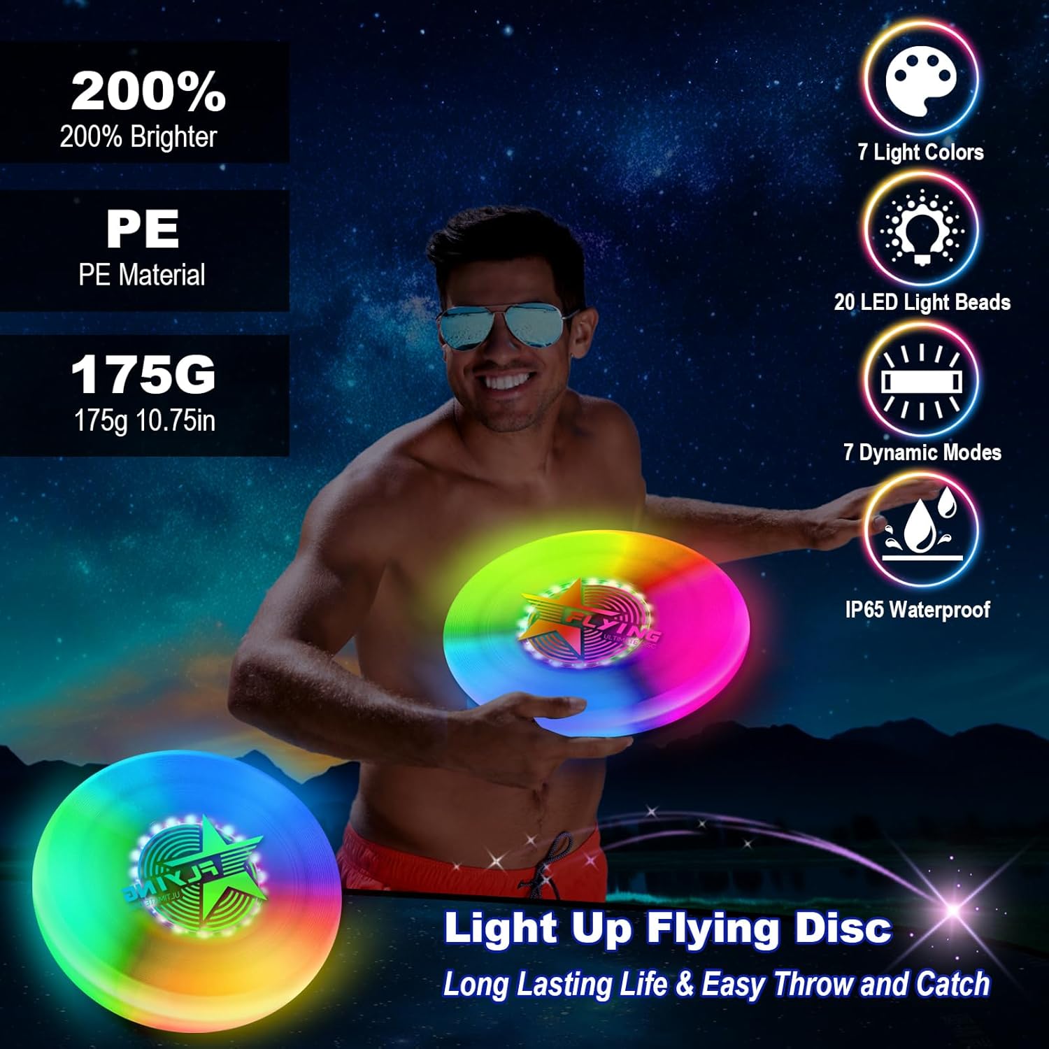 Light Up Flying Disc, Glow in The Dark Disc Color Changing with 14 Lighting Modes, 3 Brightness, Rechargeable & Waterproof, Gifts Toys for Kids Teens Boys Men Adult Outdoor Games for Beach Camping