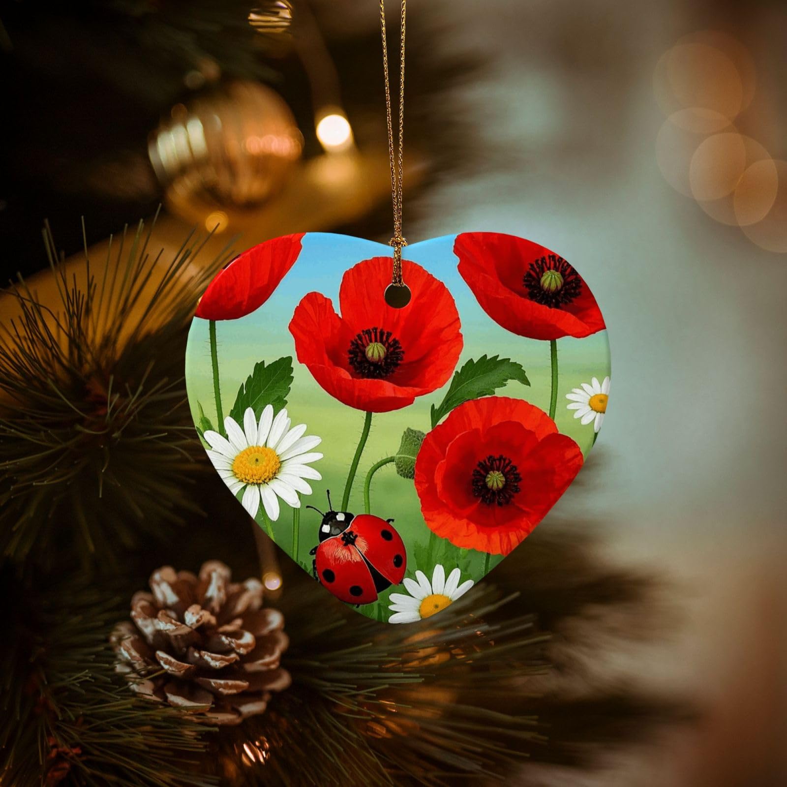 Christmas Ornaments for Christmas Tree Decoration Hanging Chamomile Ladybug and Daisy Ornament with Gold Ribbon Crafts Heart Shape Ceramic Pendant for Keepsake Gifts Xmas Decor Party Supplies