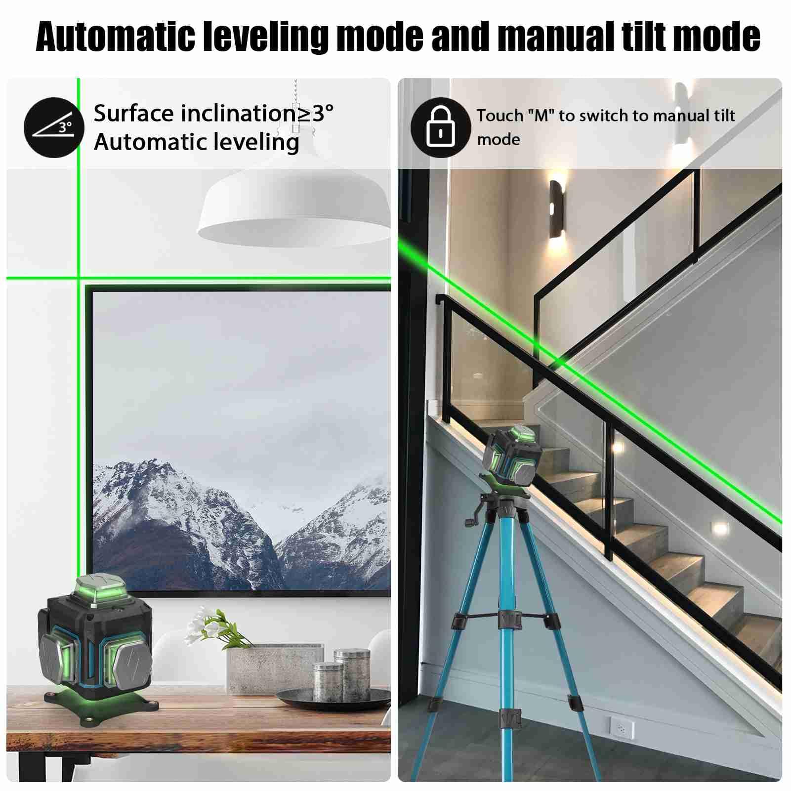 Nivel láser de 16 líneas con autonivelación, ligero, portátil, con haz láser verde, soporte giratorio de 360° y trípode, para la colocación de azulejos en interiores.