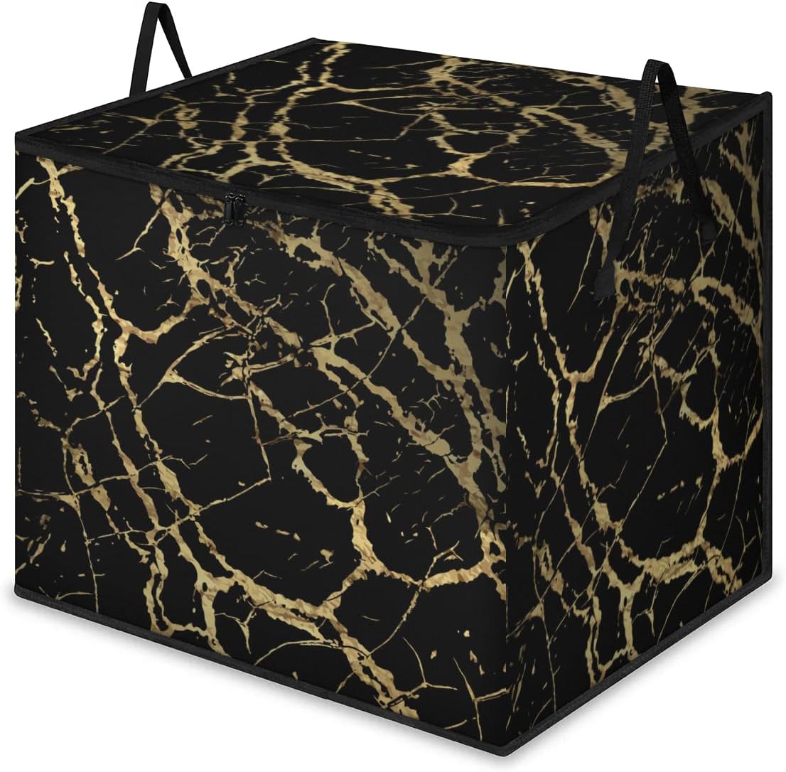 Large Storage Bags Black Marble Gold Texture Closet Organizer Foldable Clothes Storage Bins with Handles Storage Containers for Blanket Comforter Pillow