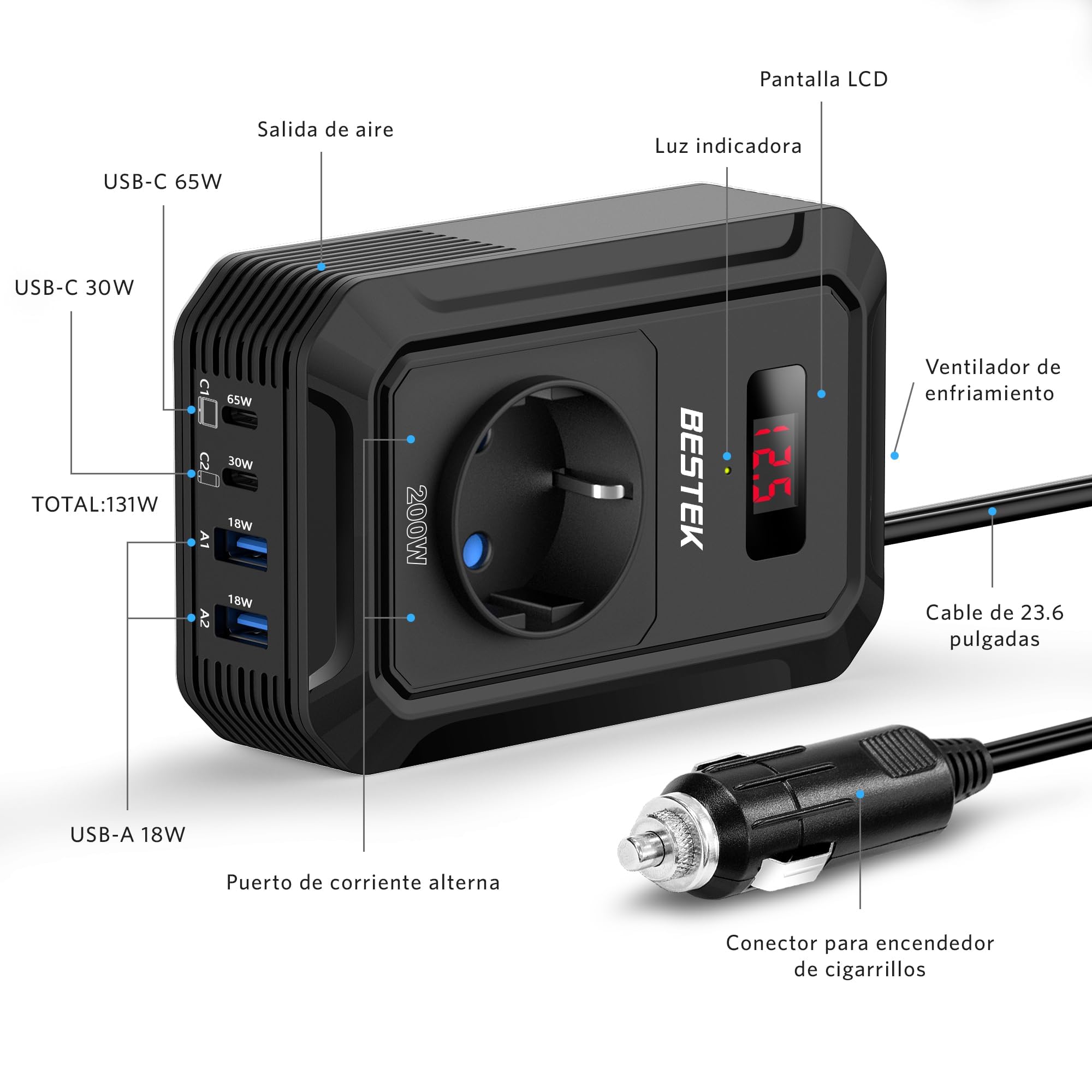 BESTEK Falownik 200 W DC 12 V na AC 230 V z 4 USB, czarny