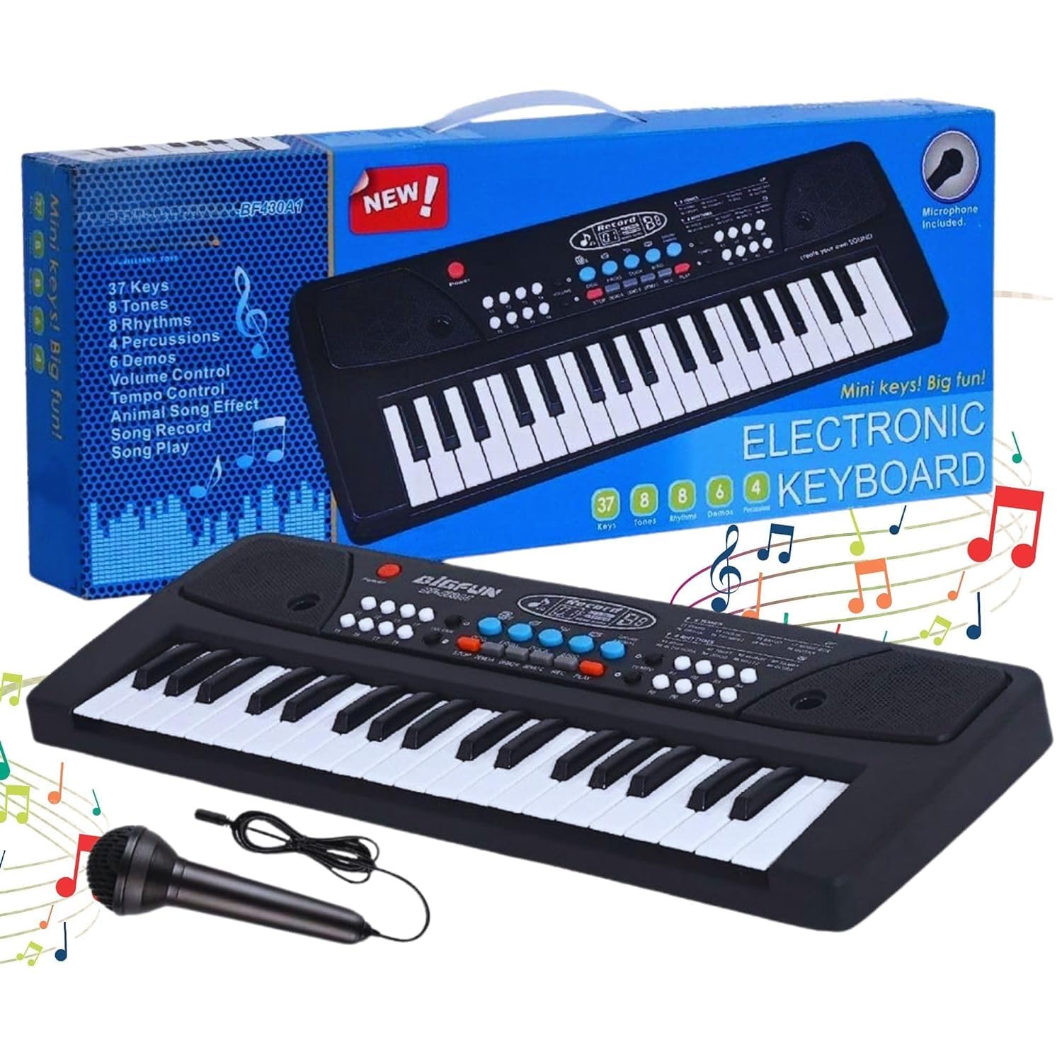 HOMOZE BGF-430 Portable Musical Educational Piano Keyboard with Microphone | 37 Keys, 8 Rhythms, 8 Tones with 6 In-Built Demos & Song Record Feature | Dual Power Supply Source: Micro USB Cable