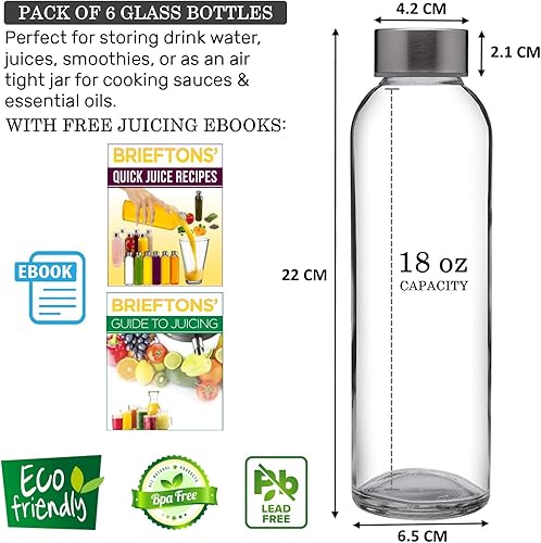 Miniatura 2 de Brieftons Botellas de agua de vidrio con tapas transparente paquete de 6 18 onzas tapas a prueba de fugas cal de soda de alta calidad mejor como