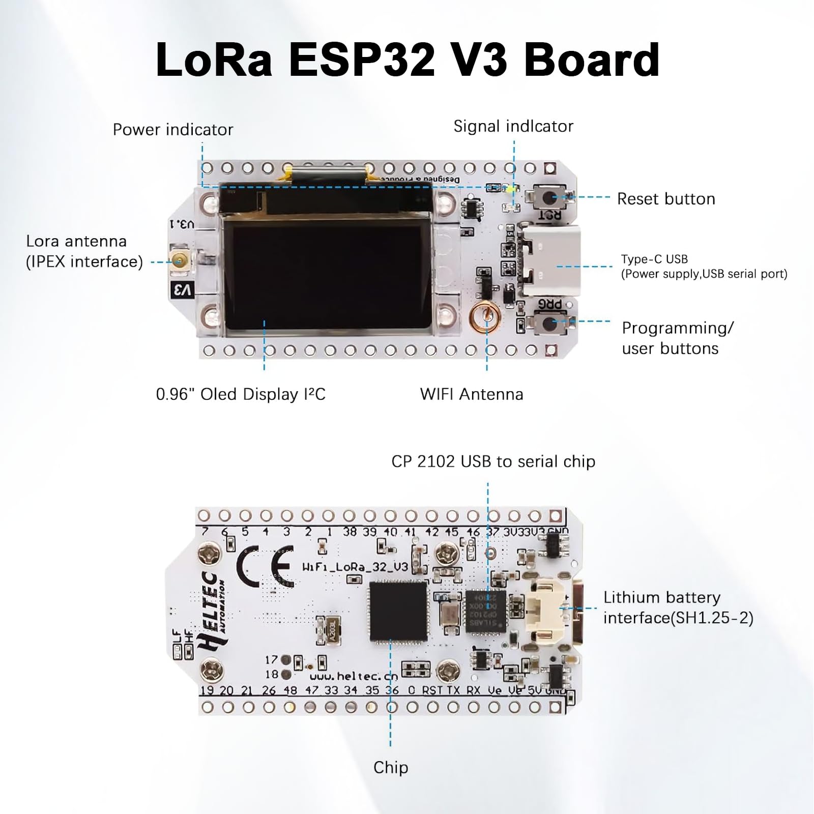 ARCELI Carte de développement LoRa ESP V3, module LoRa ESP Meshtastic avec écran OLED ESP et antenne, carte IOT double cœur USB 240MHz Bluetooth WiFi 863 928MHz compatible avec Arduino/Meshtastic (2