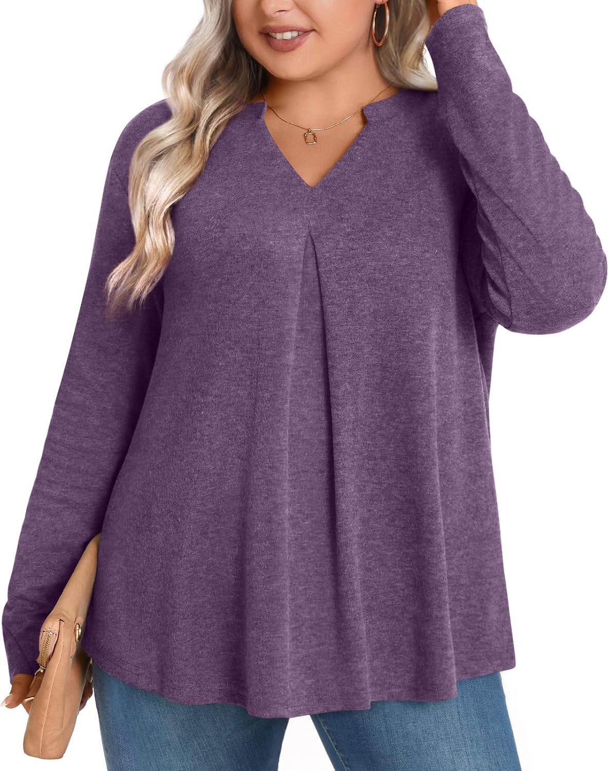POPYOUNG Women Plus Size Henley Tops Winter Dressy Tunic Casual Long Sleeve T-Shirts - Image 2