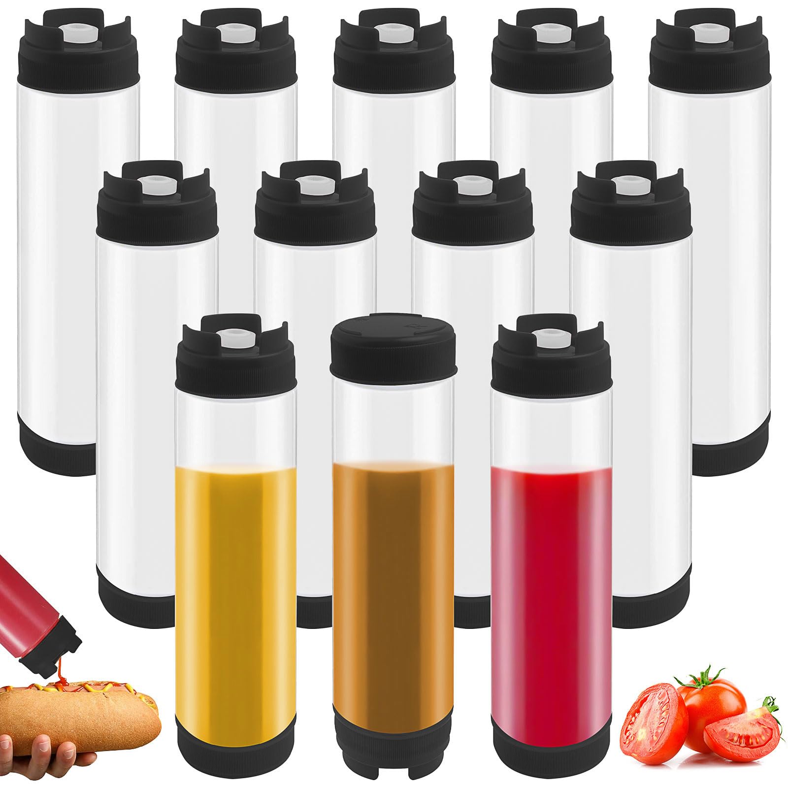12 Stück Umgekehrte Kunststoff-Quetschflaschen 480 ml, Nachfüllbare selbstdichtende Soßenspender für dicke Gewürze Saucen Teig Dressing Catering Lebensmittel Food Truck Restaurant, Schwarz
