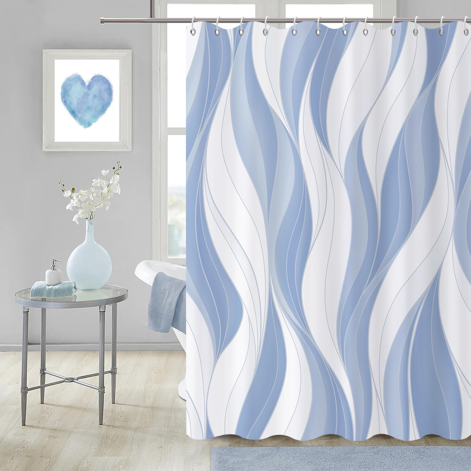 GCIREC Shower Curtain, 180x220cm, Modern Abstract Light Blue White Ombre Striped Minimalist Art Waterproof Fabric Machine Washable Bathroom Curtain with Hooks