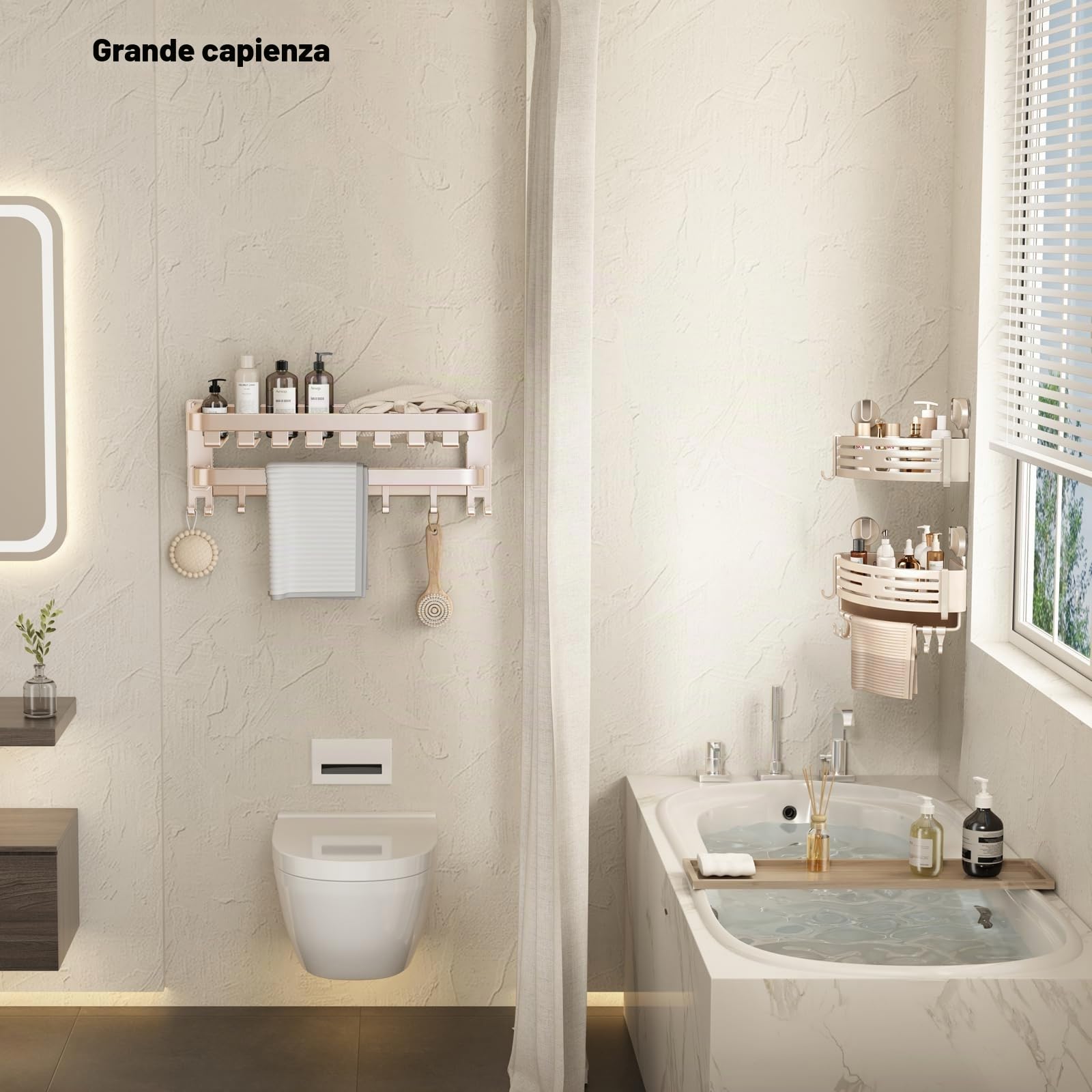 Voldra Mensola Doccia Angolare Ventose, 2 Pezzi Porta Sapone Per Doccia Senza Foratura Porta Bagnoschiuma da Doccia Bagno Portaoggetti Shampoo Doccia Angolare con Portasciugamani e Ganci (Bianco)