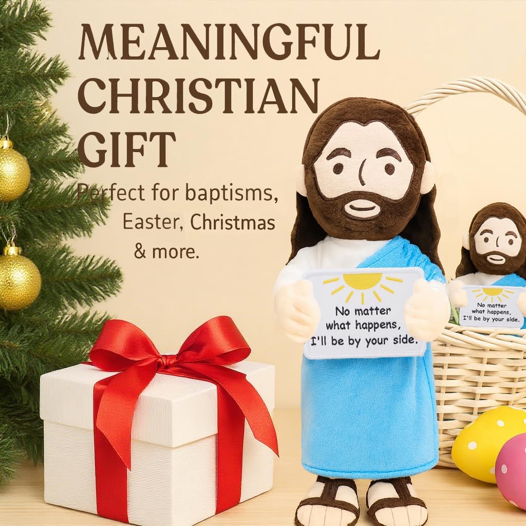 Yelakey Jesus Plush 13.4 inch Stuffed Jesus Doll with Positive Card Religious Easter Gift for Kids, Baptism, Sunday School (Blue)
